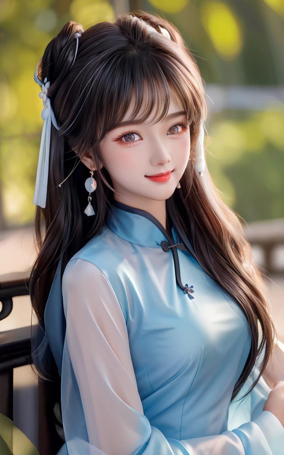 Need,tmasterpiece,A high resolution,1girll,Blushlush,(Seductive smile:0.8),starpupil,Chinese Hanfu,hair adornments,choker necklace,jewelry,beautfully face,On_Body,Dingdall effect,realisticlying,Shadow room,light edge,Two-tone lighting，（highdetailskin：1.2），8K  UHD，Slr，softlighting，high high quality，Volumetriclighting，sneak shot，photore，A high resolution，4K，8K，Background bokeh，photorealistic high detail，8K分辨率，超A high resolution，The best picture quality beautiful girl，Peerless beauty，Extremely beautiful（（Bamboo shoot-shaped chest）），（Chinese style ancient style black flowing hair with exquisite buns）By bangs，（Long flowing hair，With a bun:1.3）），Delicate collarbones，beautiful make up，Exquisite and perfect facial features，，Big watery eyes，Lying silkworm，Long eyelashes，The eyes are sweet and have eye shadow，Slim waist，，，(((With a sweet smile on your face:1.3)))，lipsticks，Blushlush，Delicate earring earrings，closeup of face，Bust，(Wearing a translucent purple tulle fairy dress（With exquisite embroidery，With a shirt with large sleeves，Bare shoulders:1.3）)，Fresh and natural，Tranquil and beautiful，Perfect look，Perfectly refined and clear facial features（Meticulous facial portrayal），the most beautiful big eyes，beautiful pupil，long eyelasher，Delicate and beautiful makeup，Face lighting