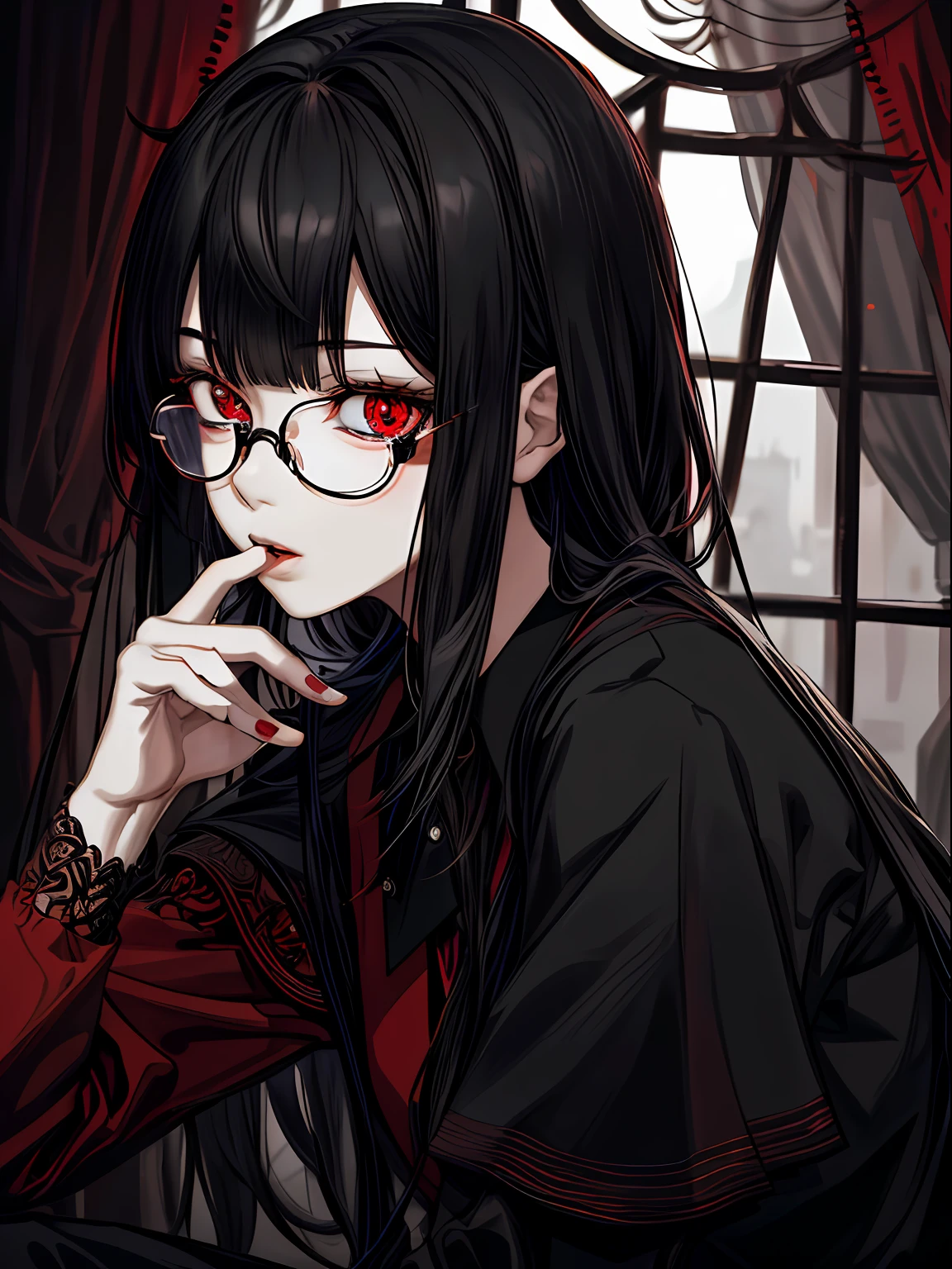 ahe face、droolng、Red and black nurse costume、Cross-eyed、Stranger、View other people、Blunt bangs、Sitting,hand between legs, Glasses, over-kneehighs,Ahegao , Silly,Sexual ecstasy,Drunken eyes,Blunt bangs, Black hair,(masutepiece:1.2, Best Quality), (finely detailed beautiful eye: 1.2), (Detailed background,Dark Fantasy), (beautifull detailed face), High contrast, (Best Illumination, extremely delicate and beautiful), ((Cinematic Light)), Colorful, Hyper Detail, Dramatic light, Intricate details,
