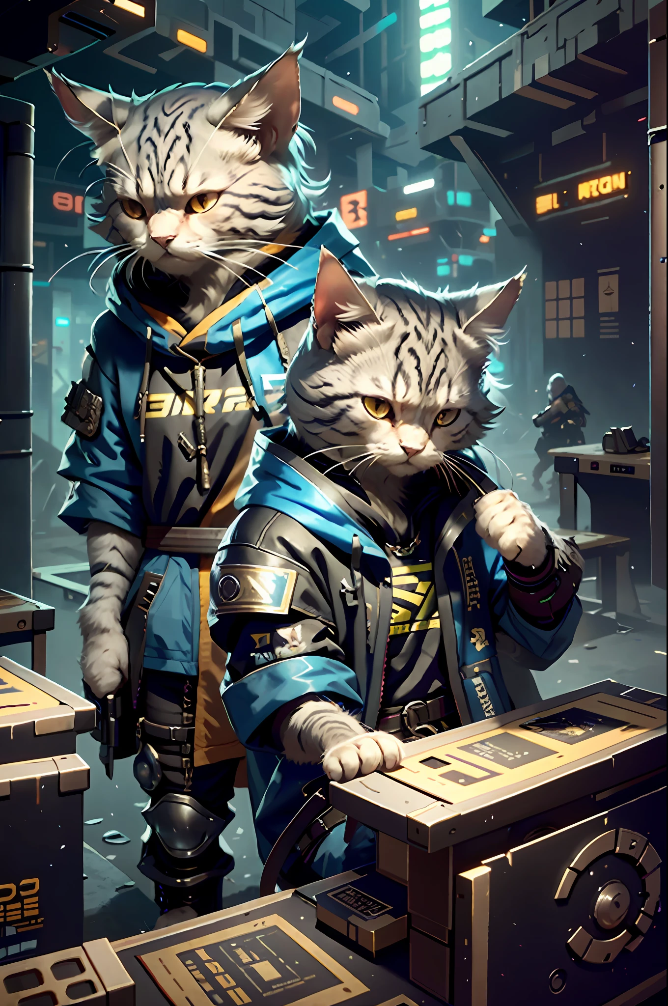 c4ttitude, stratagem, Focus on your eyes, furred, challenger, Agility, spellbinding, Cyberpunk clothing,nylon, Fast claws, arena, The digital realm, stratagem, Showdown, game scenes,Masterpiece, Best quality, Ultra-detailed,8K wallpaper,Hyper-Resolution, Unreal 5