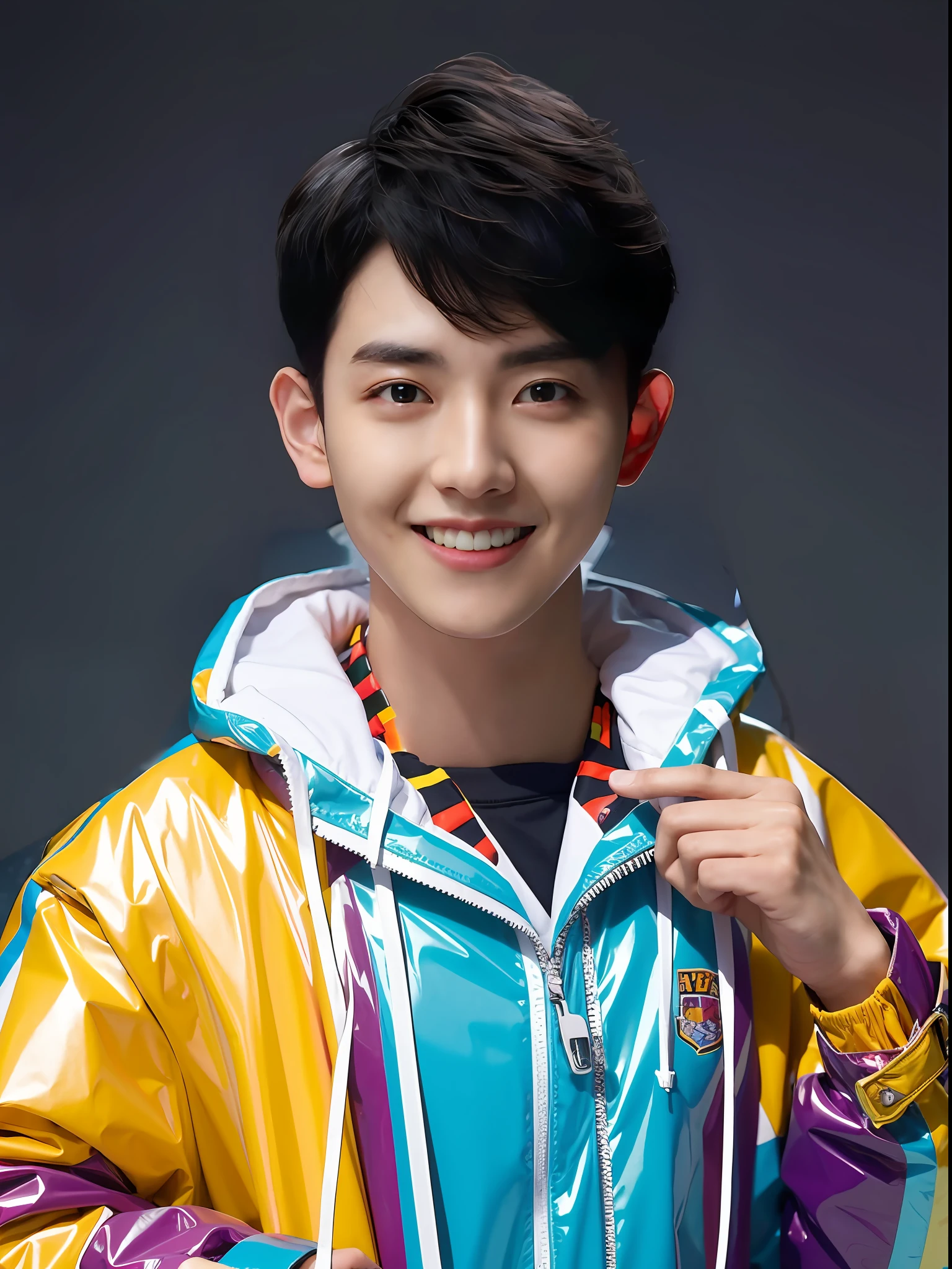Chinese male high school student,Sweatshirt wearing a PVC colored trench coat,There are zippers,with hat