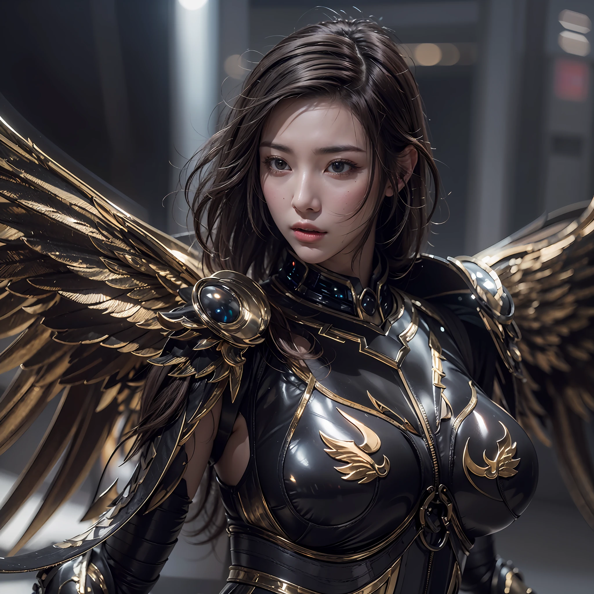 1girll，Dark Angel Warrior，(((On the back there is a pair of large black half-body wings)))，Black titanium，Metal wings，（（Metal wings）），（（Black gold metal armor）），high detal，（beautifulface），Perfect facial features，red tinted hair，Black and gold greatsword，Futuristic technical background，apathy、Aloof、On the high horse，atmospurate、macro，Realistis，hdr（HighDynamicRange）、Ray traching、NVIDIA RTX、Hyper-Resolution、illusory 5、sub surface scattering、post-proces、Anisotropy Filtering、depth of fields、maximum definition and sharpness，Surface coloring、Accurately simulate light-material interactions、perfectly proportions、rendering by octane、largeaperture、Low ISO、White balance、the rule of thirds、8K raw data、lightand shade contrast