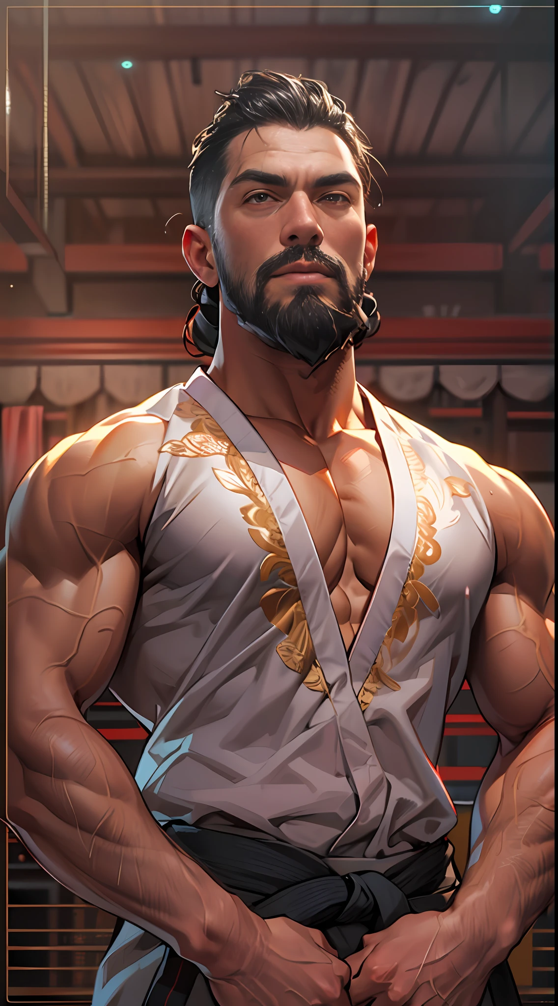 Mighty fighter, chest exposed, lower body unclothed from thighs to feet, adorned with a beaded beard, flowing long curls, detailed muscular physique, photorealistic depiction, 4K resolution. Background: Martial arts dojo,32k uhd, best quality, masterpiece, super detail, high details