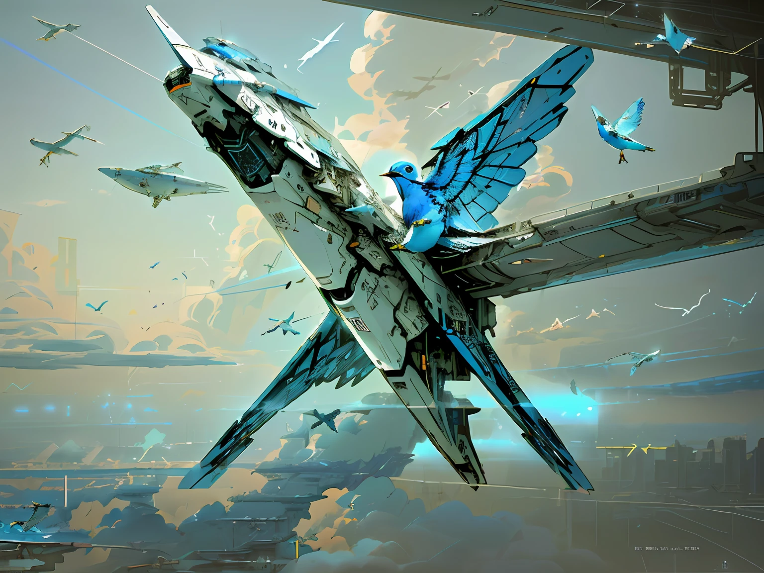 (​masterpiece、top-quality、top-quality、Official art、beautifly、Aesthetic:1.2、glitch art、White clouds in blue sky, ((Dull colored metal spaceship in the shape of X logo)), A spaceship that emits a unique light、precision machinery,(( Blue birds fleeing))、With eyeball-like lights、Exposed code