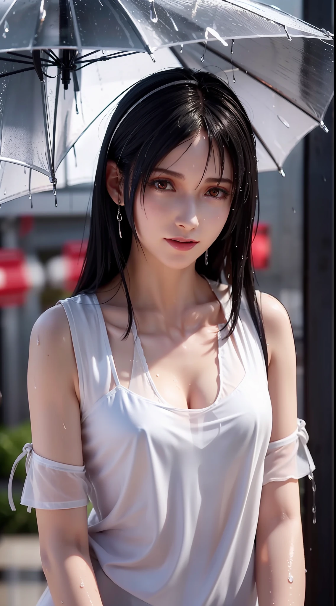 1 woman, 8k, RAW photo, (best quality, masterpiece, intricate detail: 1.4), (realistic, photorealistic: 1.3), (realistic: 1.3), photorealistic, Japanese model, (( Rainy weather)), (Standing on the street in the rain: 1.5), Heavy rain, (Whole body soaking wet: 1.8), ((Thin blouse)), (Light-colored blouse), (Rain wet and transparent skin) Blouse: 1.5), (Blouse that sticks to your skin when it gets wet in the rain: 1.5), (A beautiful woman like a Japanese idol), Age 20, (Small face: 1.5), (Sensual expression), Light makeup, Thin eyebrows, detailed beautiful face, detailed eyes, (tear bags: 1.5), detailed fingers, detailed legs, detailed skin, medium chest, (wet hair: 1.8), (wet bangs: 1.3) , (wet skin: 1.8), (see-through nipple protrusion), shiny hair, shiny skin, ((wet and watery hair: 1.3)), (wet and watery skin :1.3)
