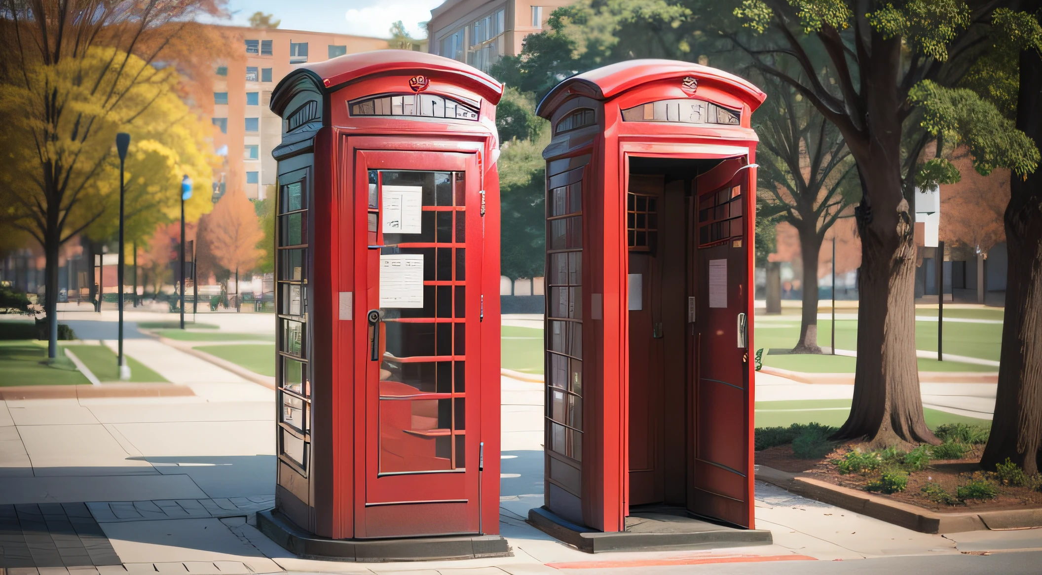 Red phone booths on campus