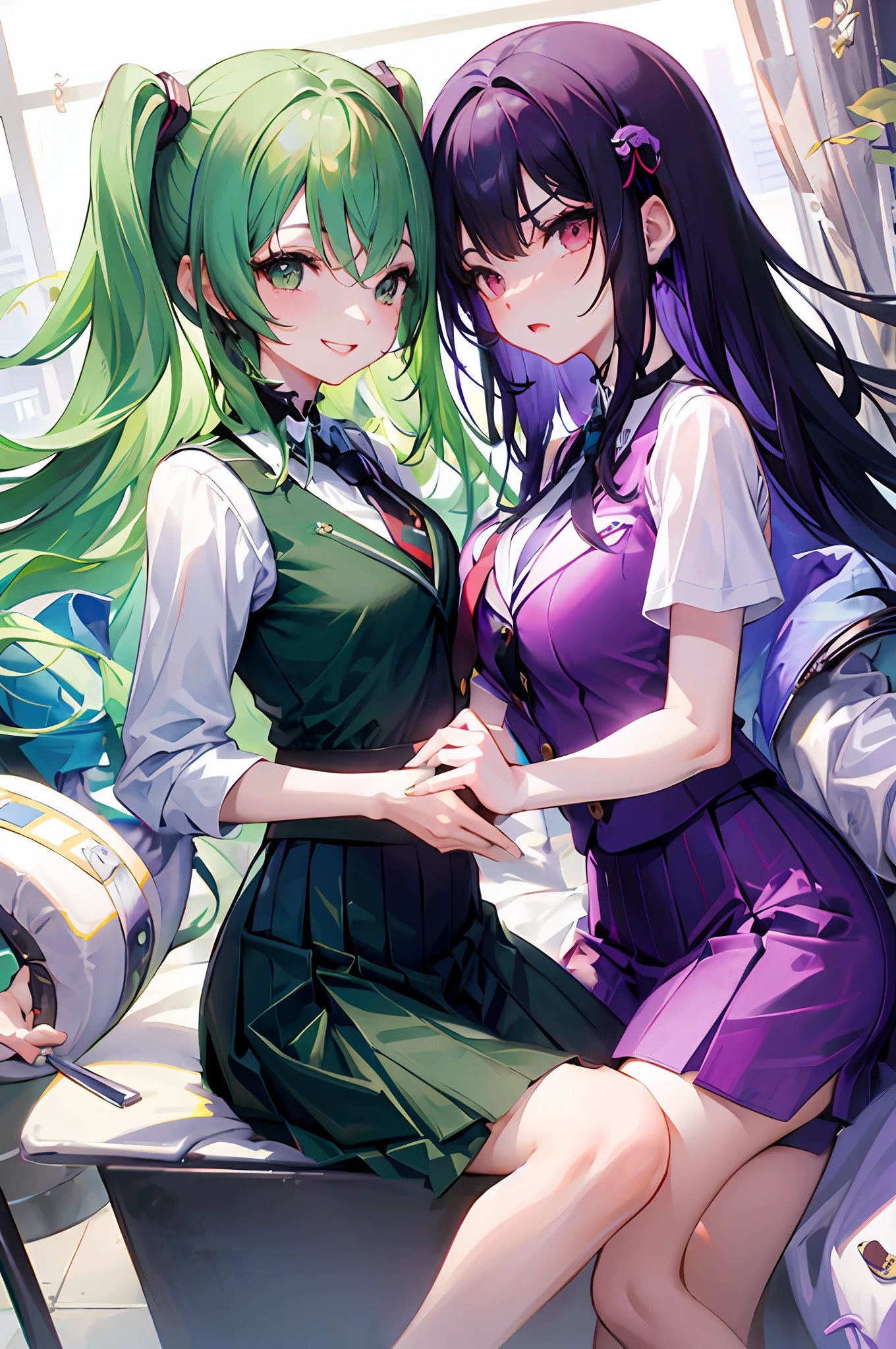 Green Uniform、High school students、skirt by the、neck tie