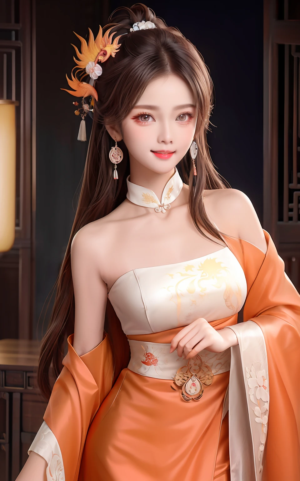 Need,tmasterpiece,A high resolution,1girll,Blushlush,(Seductive smile:0.8),starpupil,Chinese Hanfu,hair adornments,choker necklace,jewelry,beautfully face,On_Body,Dingdall effect,realisticlying,Shadow room,light edge,Two-tone lighting，（highdetailskin：1.2），8K  UHD，Slr，softlighting，high high quality，Volumetriclighting，sneak shot，photore，A high resolution，4K，8K，Background bokeh，Realistic antique，high detal，8K分辨率，超A high resolution，The best picture quality beautiful girl，Peerless beauty，Extremely beautiful（（Bamboo shoot-shaped chest）），（Chinese style ancient style black flowing hair with exquisite buns）By bangs，（Long flowing hair，With a bun:1.3）），Delicate collarbones，beautiful make up，Exquisite and perfect facial features，，Big watery eyes，Lying silkworm，Long eyelashes，The eyes are sweet and have eye shadow，Slim waist，Do not show your hands，，(((With a sweet smile on your face:1.3)))，lipsticks，Blushlush，Delicate earring earrings，closeup of face，Bust，(Wearing a translucent red tulle fairy dress（With exquisite embroidery，With a shirt with large sleeves，Bare shoulders:1.3）)，Fresh and natural，Tranquil and beautiful，Perfect look，Perfectly refined and clear facial features（Meticulous facial portrayal），the most beautiful big eyes，beautiful pupil，long eyelasher，Delicate and beautiful makeup，Be red in the face，Moisturize pink lips，(((Gorgeous sleeveless silk embroidered orange phoenix robe，White lace)))，（Chinese phoenix pattern），The chest is full and rounded，Black shiny hair coiled（Chinese antique hairstyle design），Beautiful hairpin hair accessories，Beautiful earring necklace，Noble temperament，Slim waist，Slender and long legs，perfect bodies，Sexy and charming，Precise and perfect human anatomy，Facing the viewer，Inside the magnificent palace，Carved fence jade，Works of masters，tmasterpiece，Best quality at best，high high quality，A high resolution，，cinmatic lighting，depth of fields，Close-up。Black shiny hair coiled（Chinese antique hairstyle design），Beautiful hairpin hair accessories，Beaut