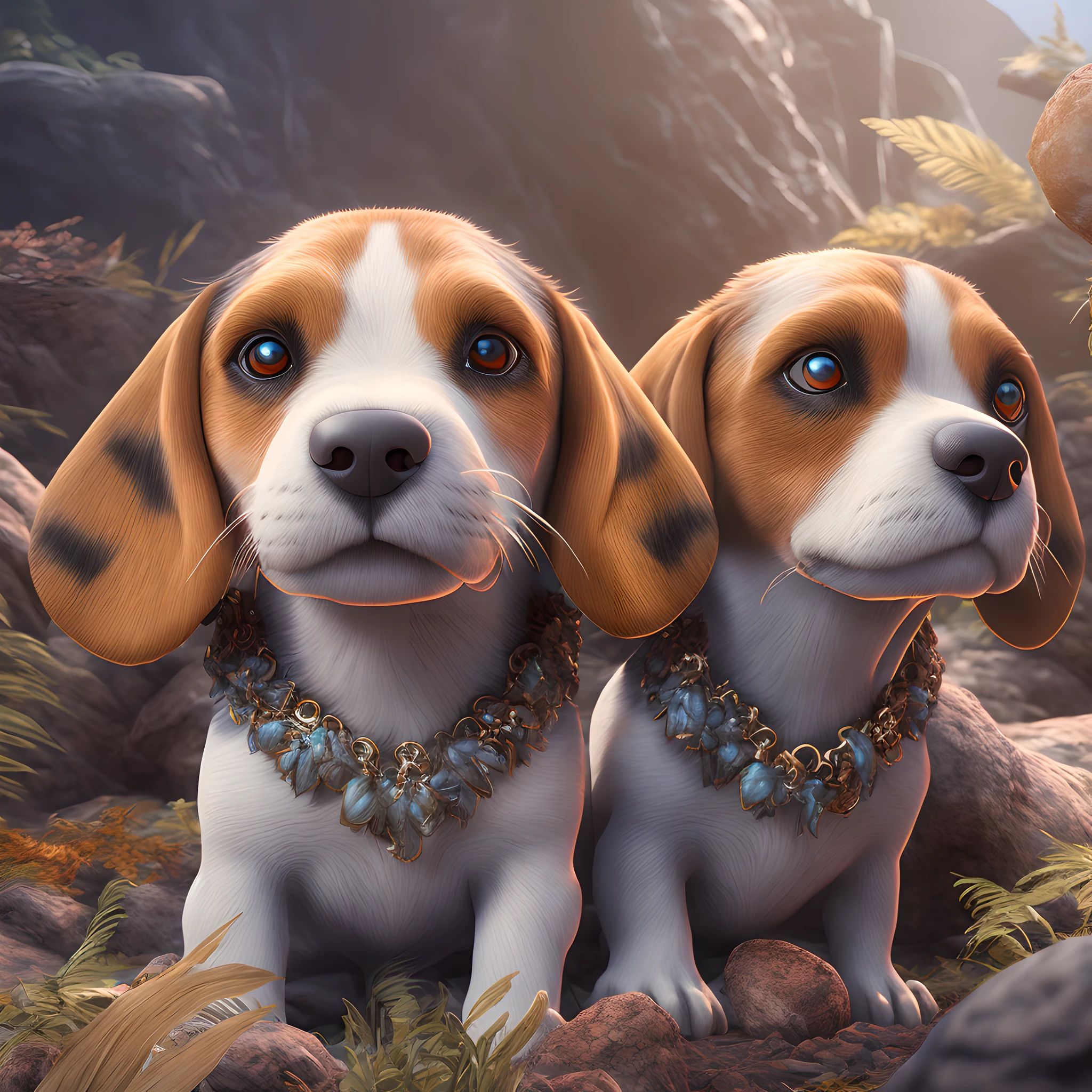 Beagle, A variety of colors, Clear skin, Headed dinosaur horns, Fur necklace, Clear primitive background, 3 baby dinosaurs, (Best Illustration), (super detailed CG), ultra-definition, 8k, --IOS 120, hoog detail, High Quality, HDR, unreal-engine, Octane rendering, The ultra-Highres, high quality background, Normal Anatomy Beagle