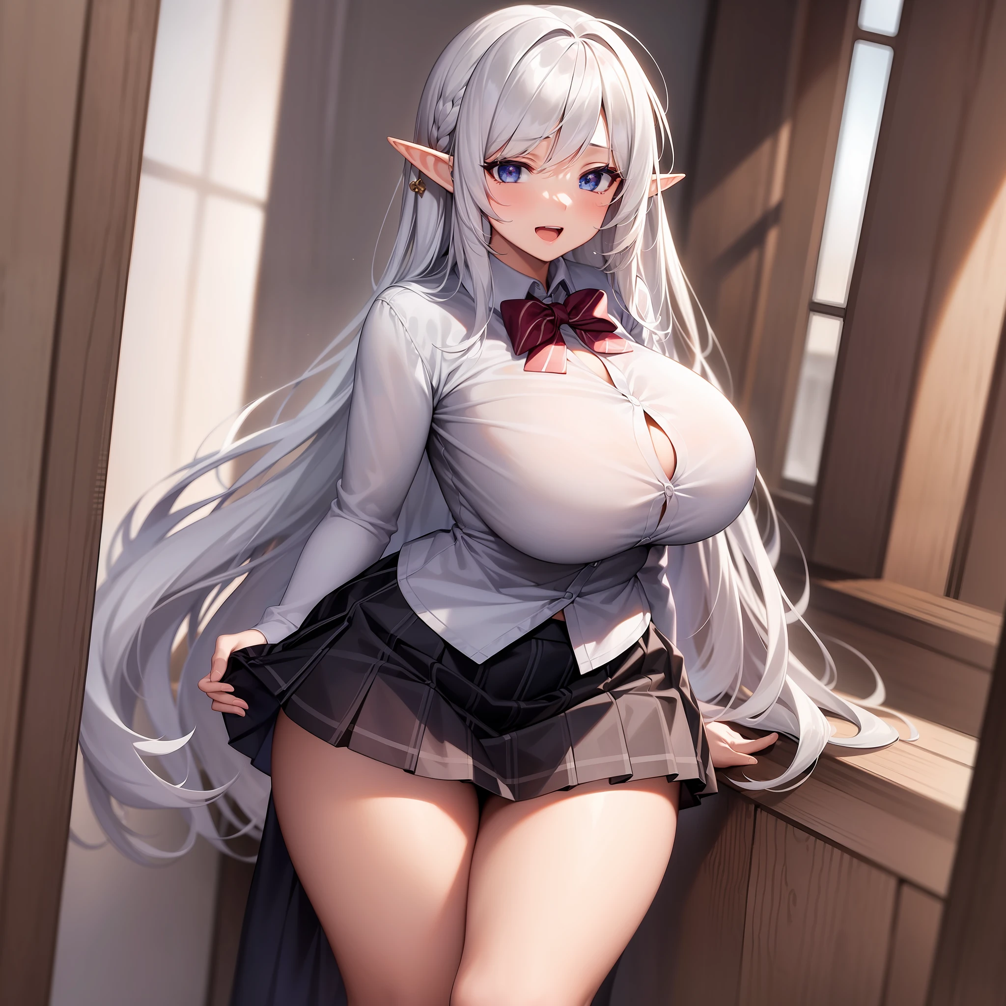 masterpiece, best quality, finely detailed, high resolution, extremely delicate and beautiful, 1girl, huge breasts, thickthighs, white hair, long hair, hair behind ear, school uniform, full body, elf, :d, skirt