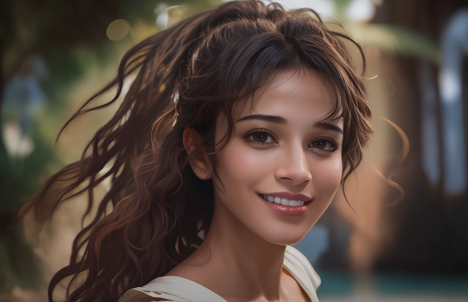 award winning photo of an Arabic girl, petite body, naked, perky , (lesbian:1.2), (kissing:1.2), deep tan skin, long curly hair in a ponytail, smiling at camera, goofy happy expression, tropical oasis, low angle perspective, by lee jeffries nikon d850 film stock photograph 4 kodak portra 400 camera f1.6 lens rich colors hyper realistic lifelike texture dramatic lighting unreal engine trending on artstation cinestill 800, dark, deep shadow, high contrast