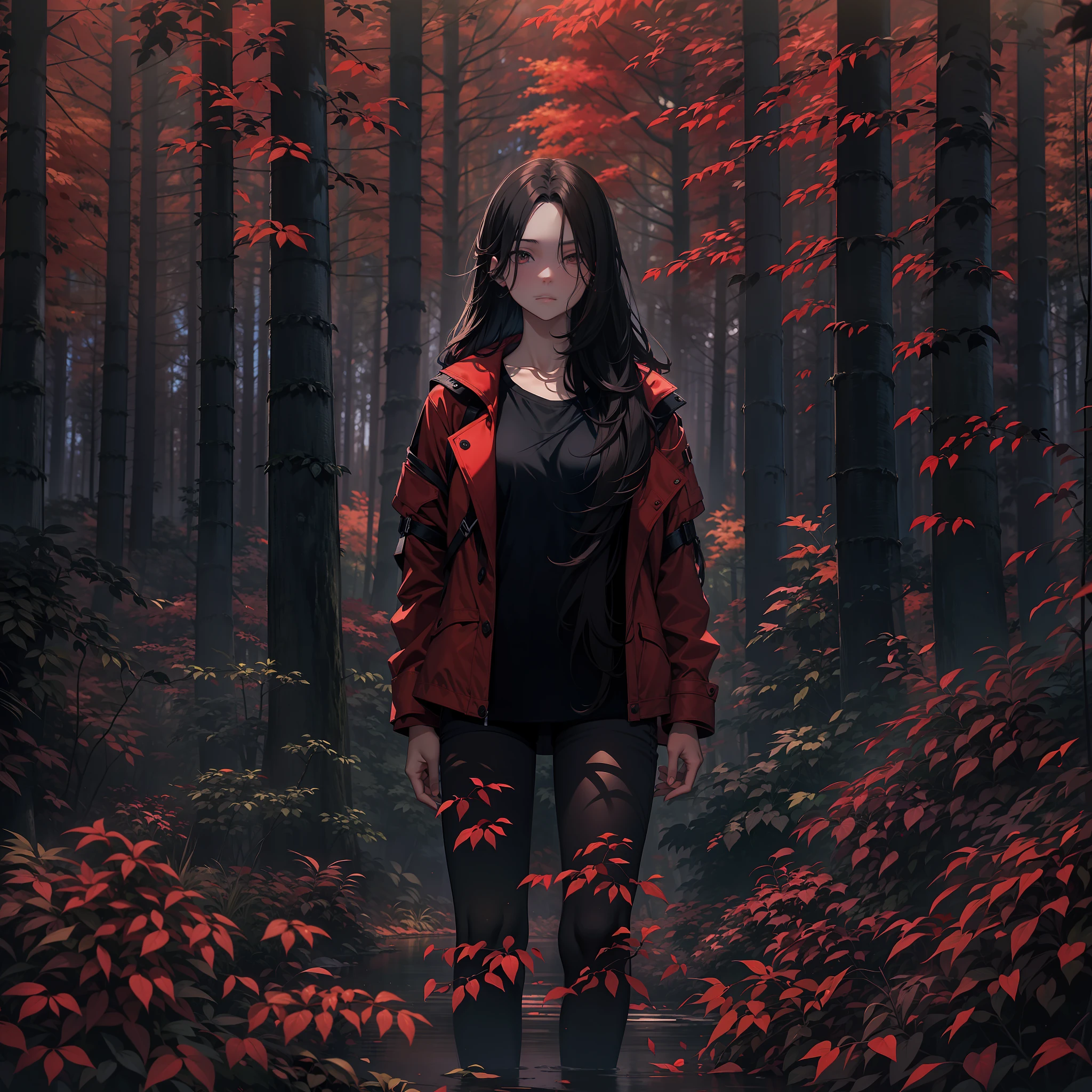 A young woman stands in a dark forest, surrounded by tall trees with red leaves. The person’s face is hidden by a blur, as if to protect their identity. They wear a black jacket and have dark hair that reaches their shoulders. The forest is dimly lit, creating a contrast between the red and black colors. The image evokes a sense of mystery and danger.