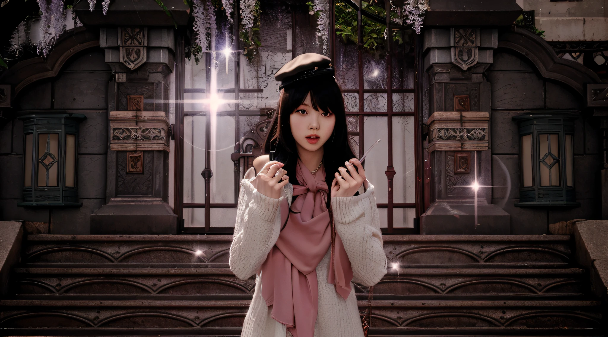 Beautiful woman, fiddling with cell phone in the middle of the street, short clothes