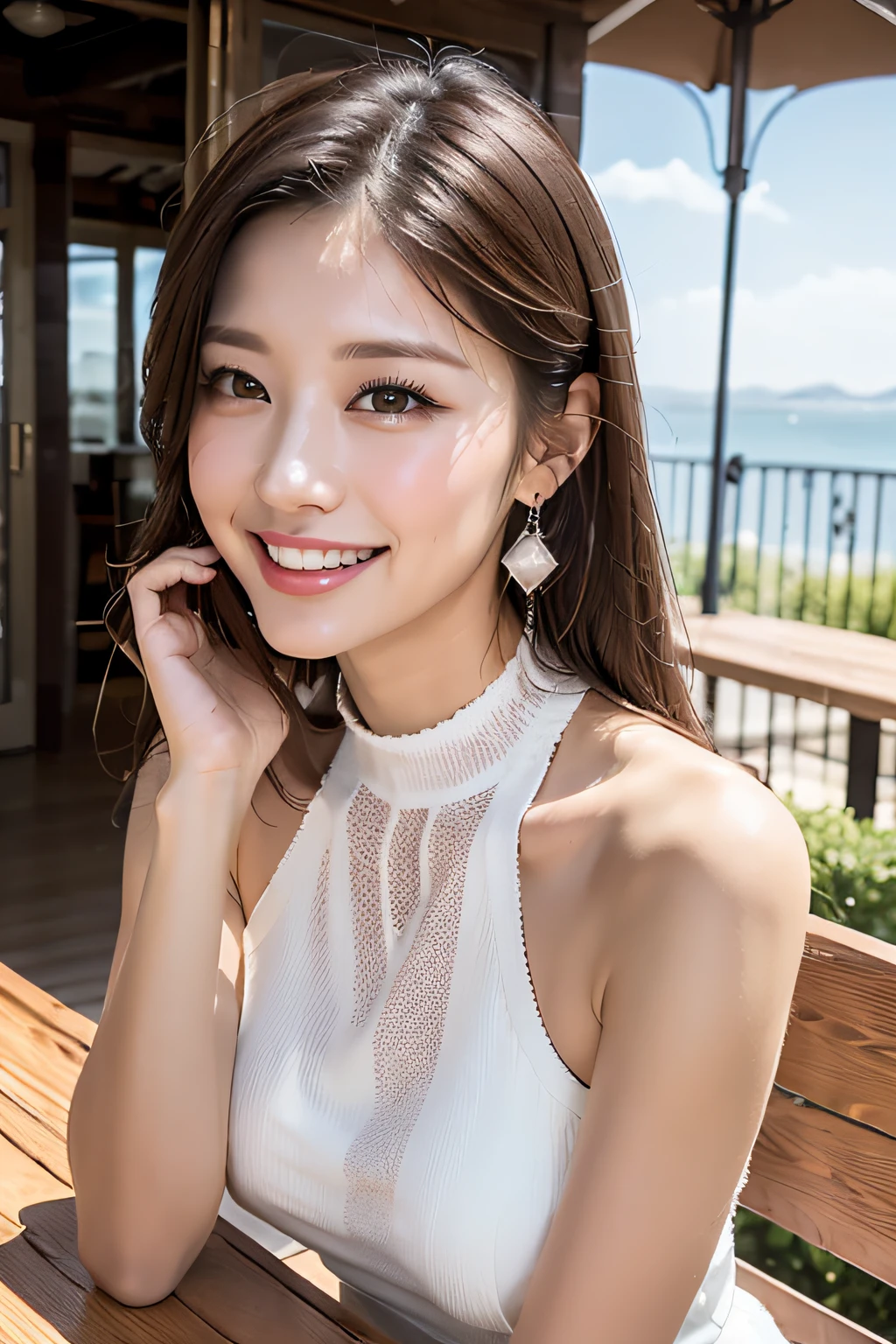 first-person-view, (Masterpiece:1.3), (Maximum resolution:1.4), (Ultra HDTV:1.2), Ultra HDTV, (Detailed eyes and skin), (Detailed facial features), HDR, 8k resolution, Sharp Focus:1.2, Perfect style, beautiful face, highly detailed face and skin texture, detailed eyes, double eyelids, thin eyebrows, glitter eyeliner:1.2, pale cheeks, glossy skin, fair skin:1.2, shiny little neckless and crystal earrings,, glossy lips:1.2,
BREAK,
((Upper body shot:1.2)), (wearing a sleeveless high-neck halter-neck white dress:1.2)), (high-neck halter-neck), (white:1.2), (y clavicle), ((Innocent and cute girl:1.3)), (Layered Hairstyle, Dark-brown hair), medium long hair, (very provocative smile:1.2), medium large breBREAK,
(Sitting on the terrace chair:1.2), ((gently lifted her chin.:1.3)), In the outdoor stylish cafe, from a little above,