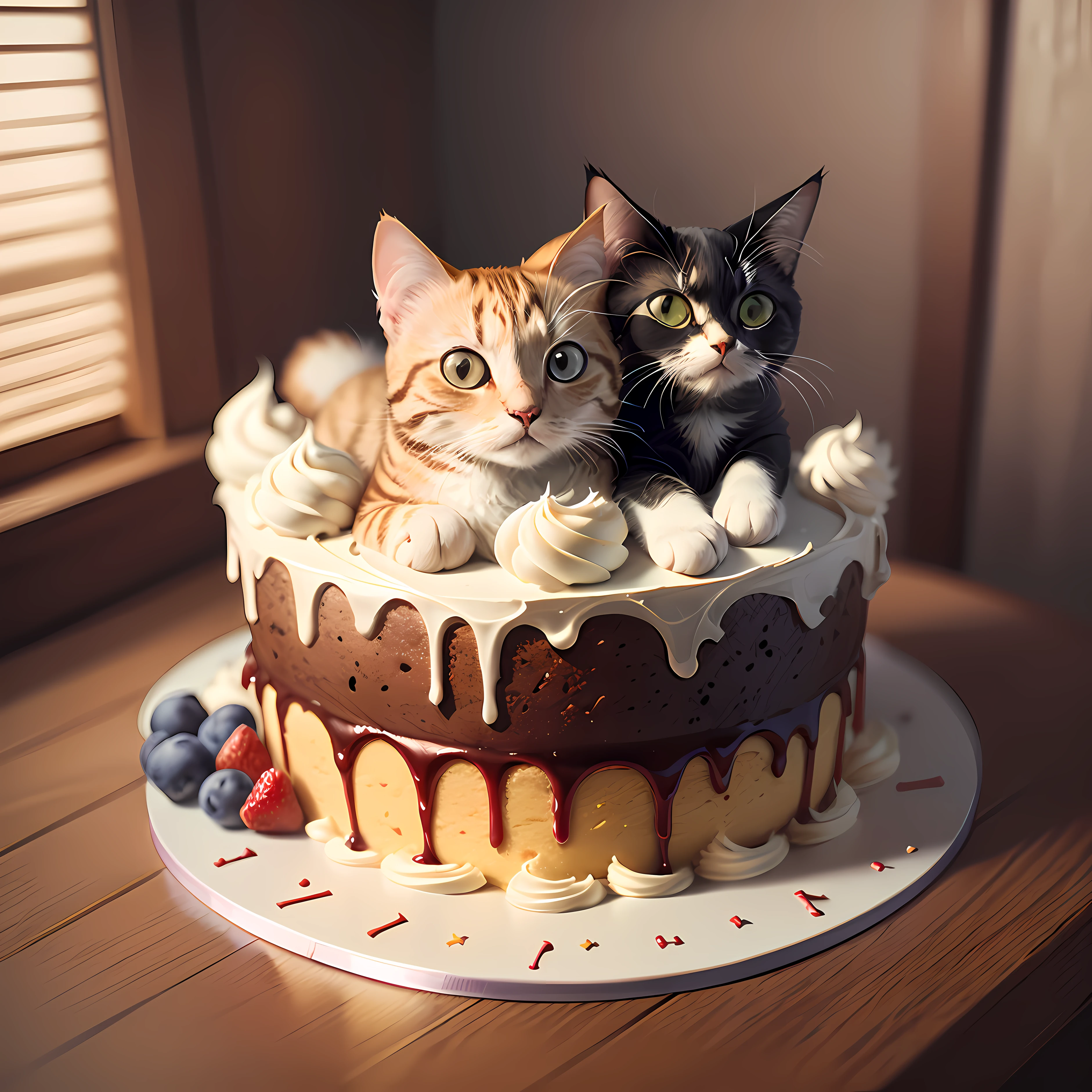 / (Stick figure cartoon, cute cat, cake, fruit), (niji style,), (pet food), (soft light), (glass style)