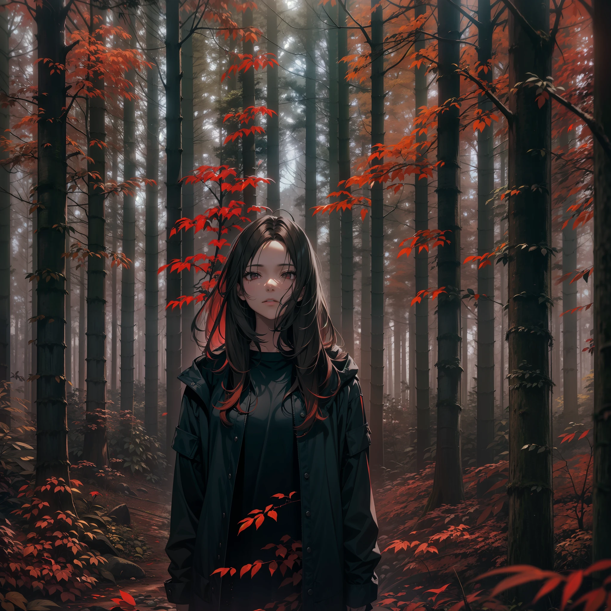 A young woman stands in a dark forest, surrounded by tall trees with red leaves. The person’s face is hidden by a blur, as if to protect their identity. They wear a black jacket and have dark hair that reaches their shoulders. The forest is dimly lit, creating a contrast between the red and black colors. The image evokes a sense of mystery and danger.