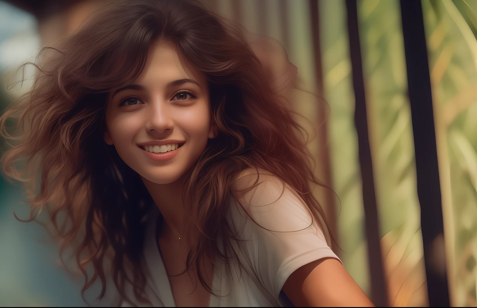 award winning photo of an Arabic girl, petite body, naked, perky , (lesbian:1.2), (kissing:1.2), deep tan skin, long curly hair in a ponytail, smiling at camera, goofy happy expression, tropical oasis, low angle perspective, by lee jeffries nikon d850 film stock photograph 4 kodak portra 400 camera f1.6 lens rich colors hyper realistic lifelike texture dramatic lighting unreal engine trending on artstation cinestill 800, dark, deep shadow, high contrast