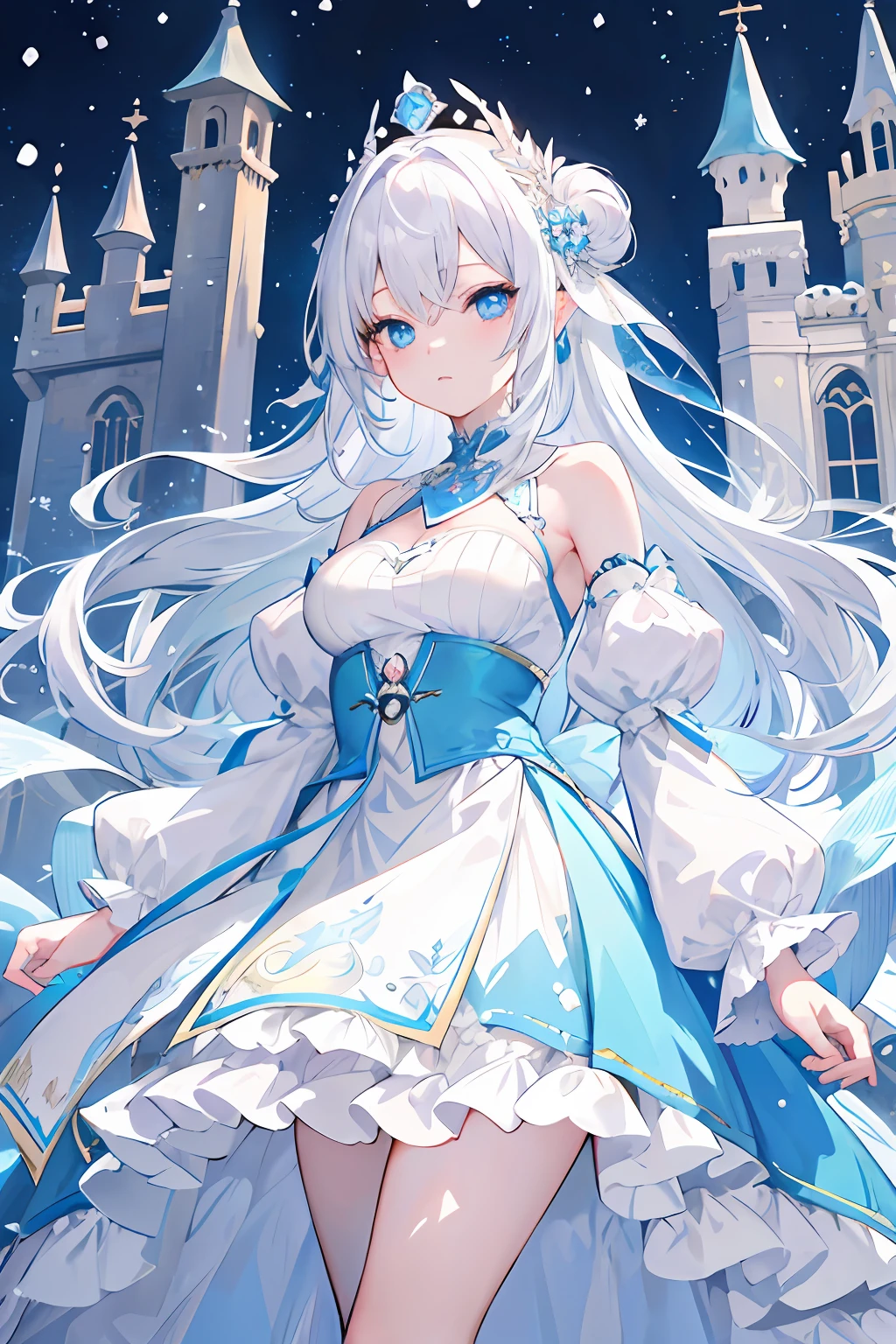 masutepiece、Top image quality、top-quality、1girl in、Beautiful white hair、Fluttering hair、light blue eyes、beautidful eyes、Royal costume、Ruffled Mini Dress、tiarra、hair adornments、Castle-Behind、Falling snow