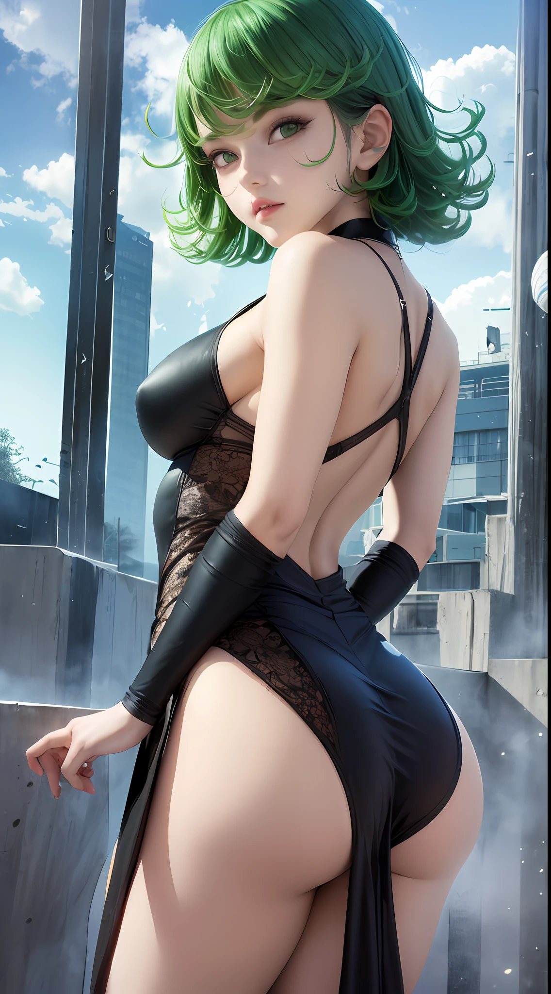 (((Back))), high art, (masterpiece, best quality:1.2), solo, 1girl, , young girl, flat chest, huge ass, tatsumaki, unamused, closed mouth, looking at viewer, green medium hair, baby face, cute face, black slit dress, pelvic curtain dress, blue sky background, huge ass