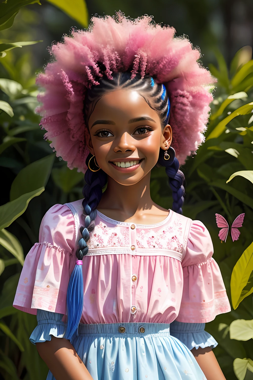 (64k, foto RAW, melhor qualidade, obra-prima: 1.2), ultra-detalhado, arte formal, fotorrealismo: 1.37, foto na parte superior do corpo, mulher ((BRASILEIRA AFRO DESCENDENTE NEGRA)),beleza, BARBIE,smiling and he smiles, pose sentada em uma bicicleta Pink,azul),num vestido Pink lindo florido )Pink),azul e Rosa de alfaiataria brilhante,repleta de flores rosa)muitas flor)es coloridas),hair with braids),encaracolado,(plaits )ondulado),Butterflies and birds,detalhes,rosa,flores