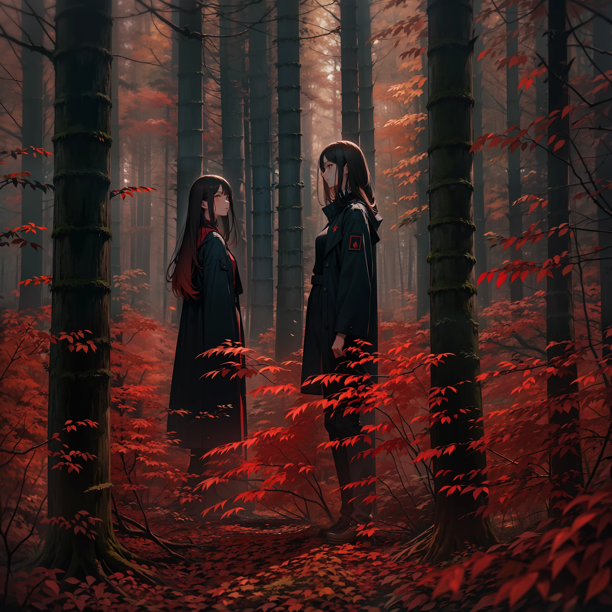 A young woman stands in a dark forest, surrounded by tall trees with red leaves. The person’s face is hidden by a blur, as if to protect their identity. They wear a black jacket and have dark hair that reaches their shoulders. The forest is dimly lit, creating a contrast between the red and black colors. The image evokes a sense of mystery and danger.