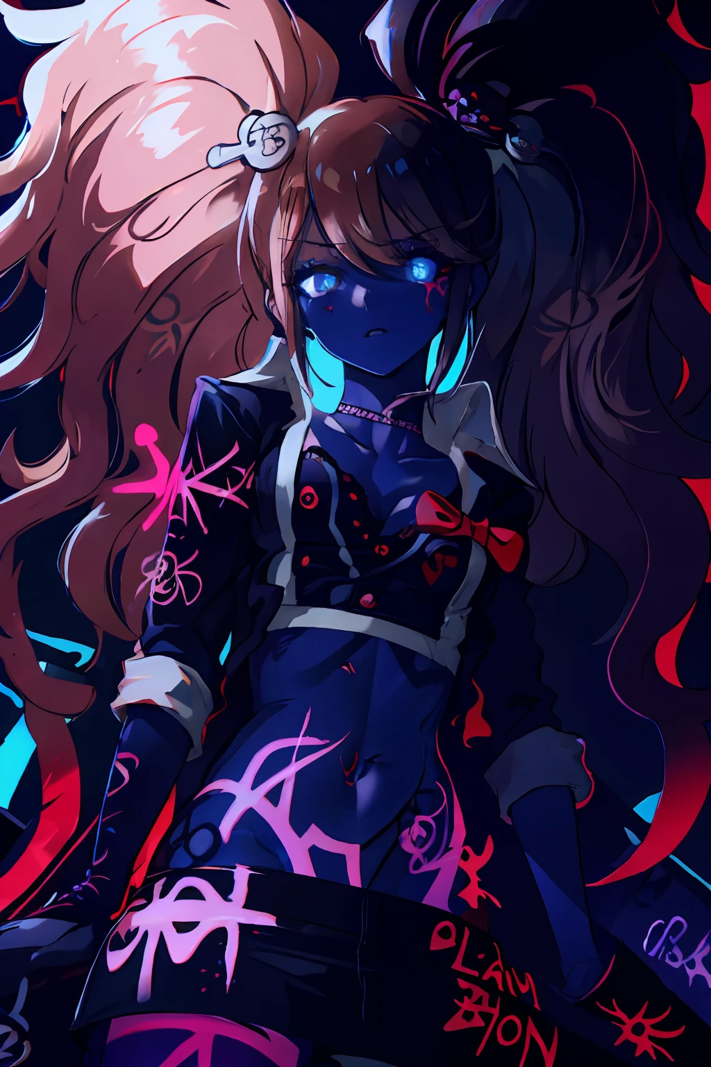 Junko Enoshima with best quality, intricate details, chromatic aberration, 1girl, long hair, black hair, messy hair, red highlights, hair over one eye, red eyes, sharp eyes, 

navel, midriff,  ruler_tattoo

choker, neon shirt, torn legwear, open jacket, 

against wall, brick wall, graffiti, (glowing graffiti:1.2), (glowing tattoos1.1), glow, neon lights, 


(blacklight:1.4),