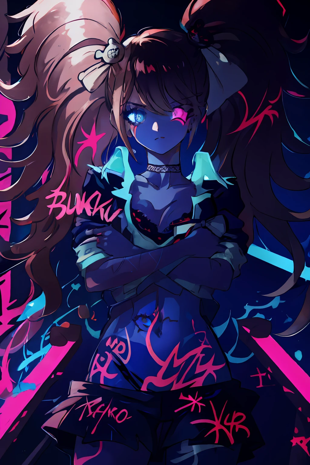 Junko Enoshima with best quality, intricate details, chromatic aberration, 1girl, long hair, black hair, messy hair, red highlights, hair over one eye, red eyes, sharp eyes,
navel, midriff, ruler_tattoo
choker, neon shirt, torn legwear, open jacket,
against wall, brick wall, graffiti, (glowing graffiti:1.2), (glowing tattoos1.1), glow, neon lights,
(blacklight:1.4),