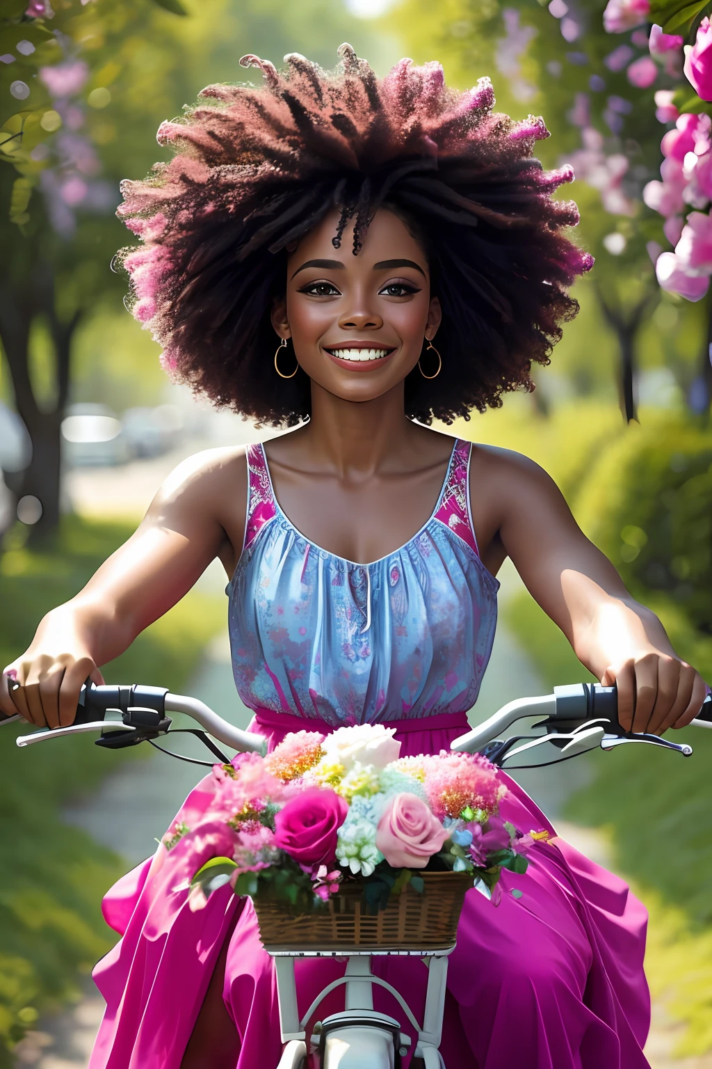 (64k, foto RAW, melhor qualidade, obra-prima: 1.2), ultra-detalhado, arte formal, fotorrealismo: 1.37, foto na parte superior do corpo, mulher  ((BRASILEIRA AFRO DESCENDENTE NEGRA)),beleza, BARBIE,smiling and he smiles, pose sentada em uma bicicleta Pink,azul),num vestido Pink lindo florido )Pink),azul e Rosa de alfaiataria brilhante,repleta de flores rosa)muitas flor)es coloridas),hair with braids),encaracolado,(plaits )ondulado),Butterflies and birds,detalhes,rosa,flores