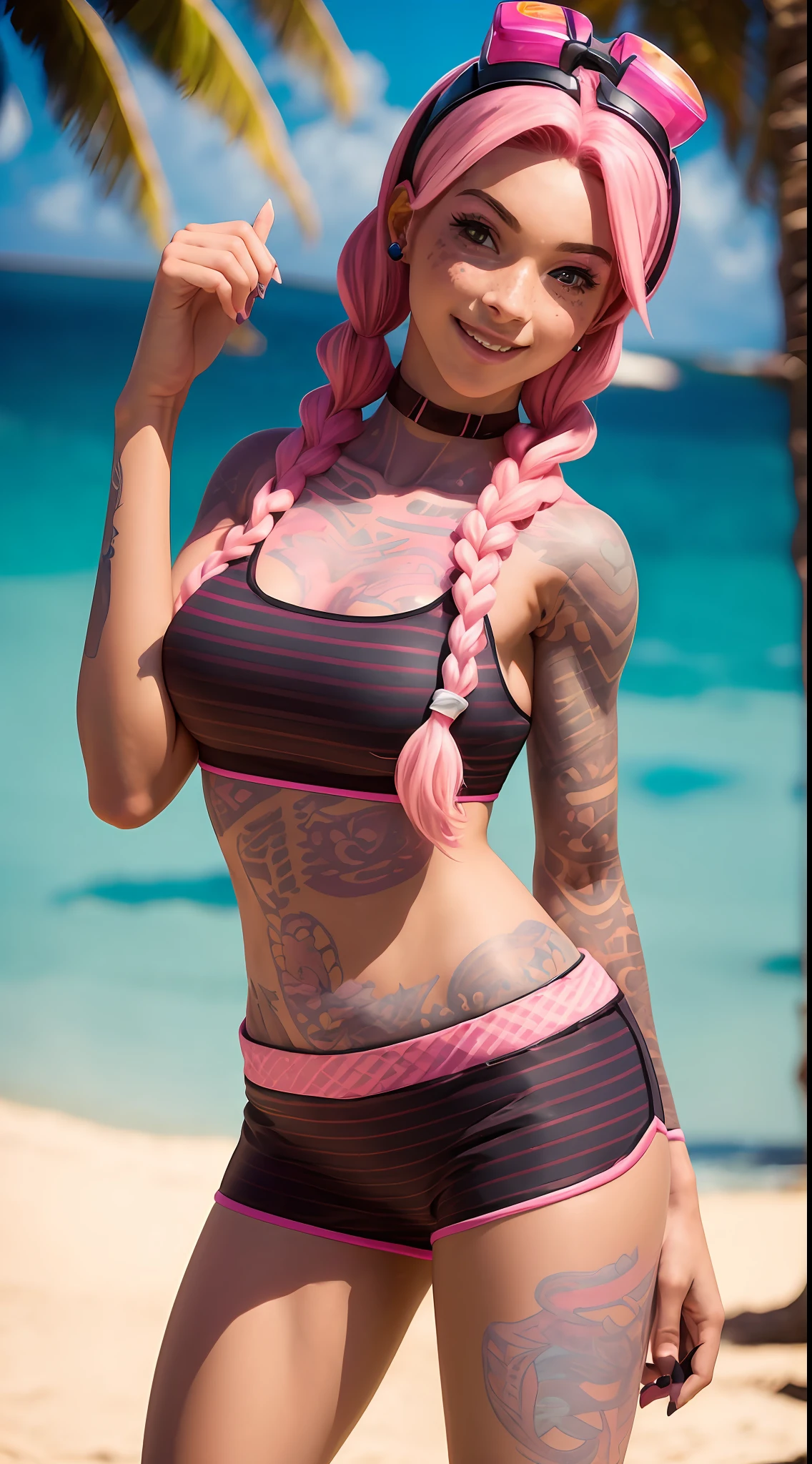 A single young hopeful woman with vibrant pink hair, striking a graceful and feminine pose, is on a tropical island, solo, happy, with a light smile. She has pink hair with pigtails, she wears pink goggles on her head. There is only one person. She has a few freckles on her cheeks and has tattoos on her arms, large chested. She is wearing a black sports bra woth pink stripes along with black swim shorts. The scene is set on a private beach