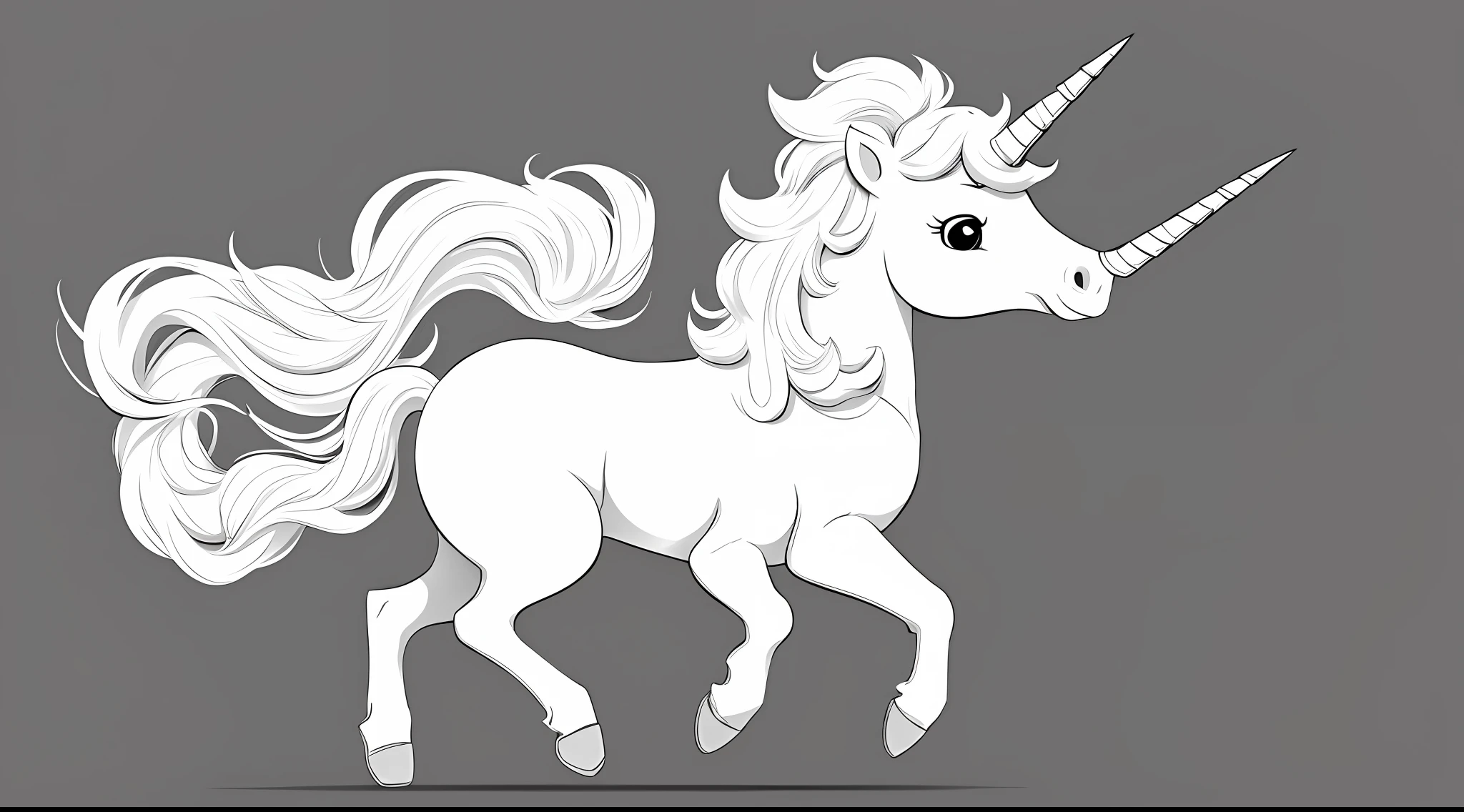 a cute unicorn, front side view, b/w outline art for kids coloring book page, full white, white background, whole body, Sketch style, full body (((((white background))))), only use outline., cartoon style, line art, coloring book, clean line art, white background, Sketch style, full body, no fill color, black outline only.