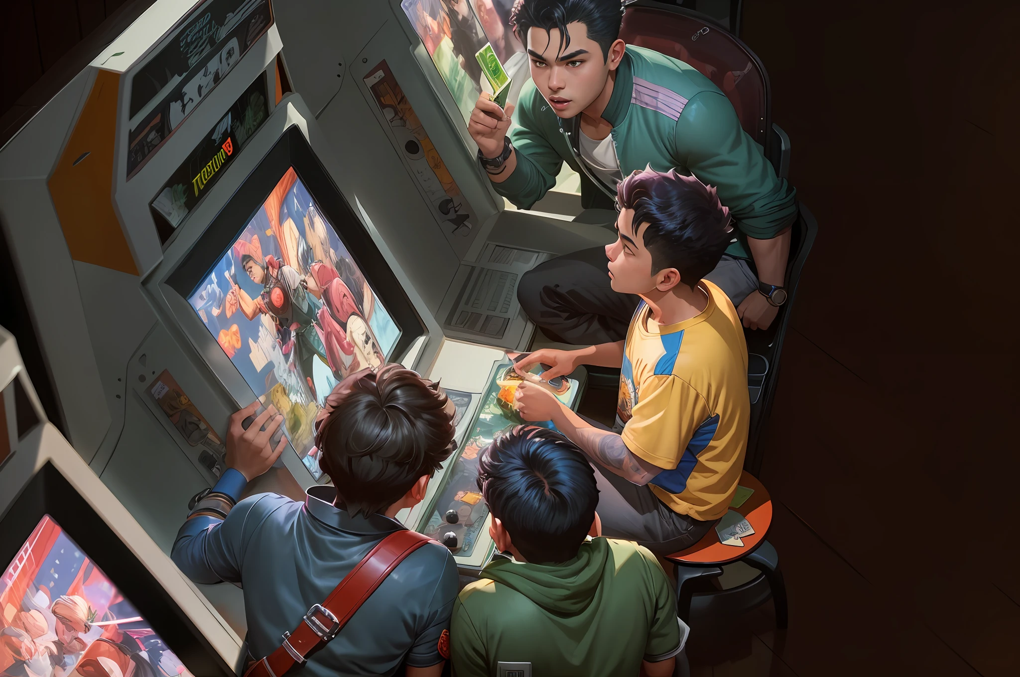 There are two boys playing video games at a small table, Fan art, rob rey and kentaro miura style, inspired by Rudy Siswanto, Game illustration, inspired by Liam Wong, gta chinatowon art style, jc leyendecker and sachin teng, a busy arcade, Playing games, hirohiko araki artwork, rpg game art