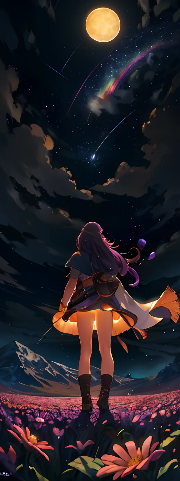 Vast landscape photo, (viewed from below, the sky is above and the open field is below), a girl standing on a flower field looking up, (full moon: 1.2), (meteor: 0.9), (nebula: 1.3), distant mountains , Trees BREAK Crafting Art, (Warm Light: 1.2), (Fireflies: 1.2), Lights, Lots of Purple and Orange, Intricate Details, Volumetric Lighting, Realism BREAK (Masterpiece: 1.2), (Best Quality), 4k, Ultra-Detailed, (Dynamic Composition: 1.4), Very Detailed, Colorful Details, (Rainbow Colors: 1.2), (Glow Lighting, Atmospheric Lighting), Dreamy, Magical, (Solo: 1.2)