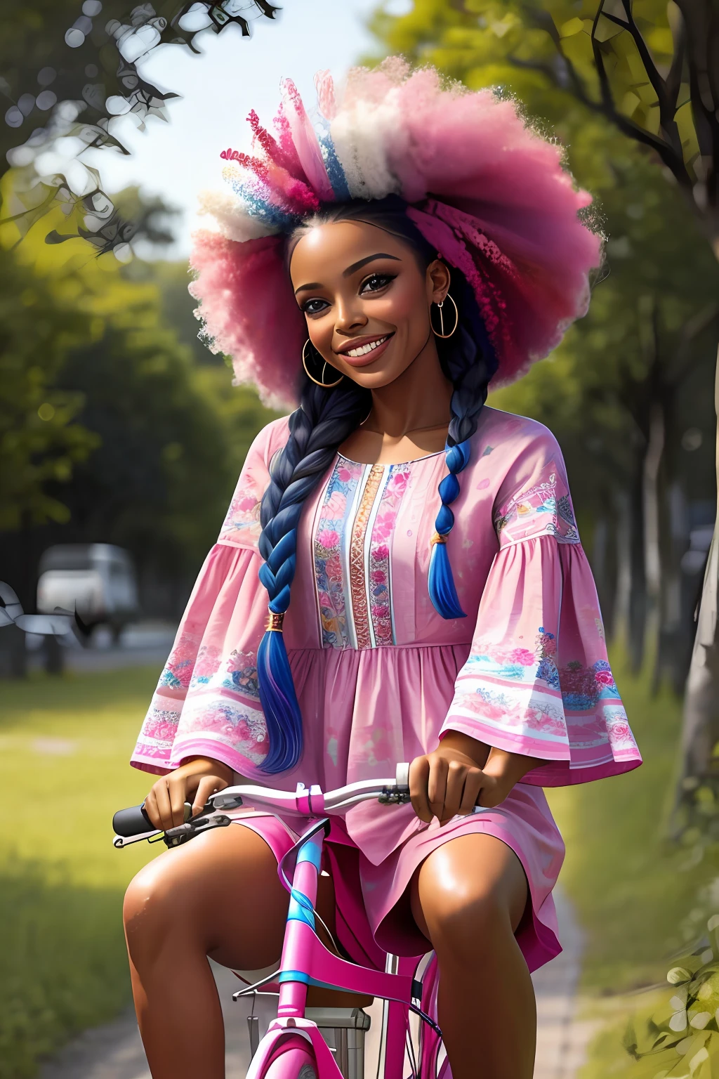 (64k, foto RAW, melhor qualidade, obra-prima: 1.2), ultra-detalhado, arte formal, fotorrealismo: 1.37, foto na parte superior do corpo, mulher ((BRASILEIRA AFRO DESCENDENTE NEGRA)),beleza, BARBIE,smiling and he smiles, pose sentada em uma bicicleta Pink,azul),num vestido Pink lindo florido )Pink),azul e Rosa de alfaiataria brilhante,repleta de flores rosa)muitas flor)es coloridas),hair with braids),encaracolado,(plaits )ondulado),Butterflies and birds,detalhes,rosa,flores