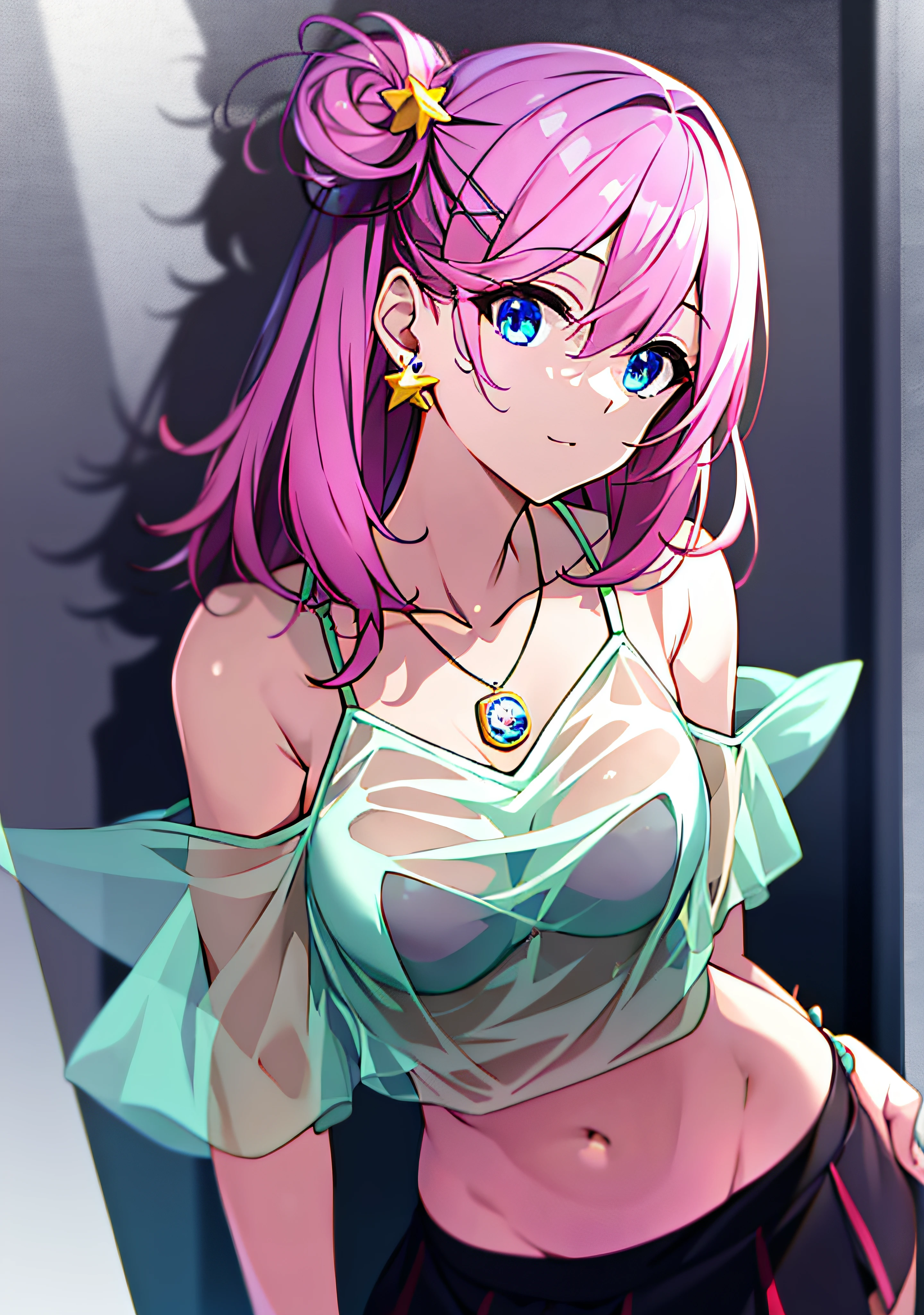 （（tmasterpiece））， best qualtiy， illustratio， The is very detailed， Off_Shoulder，dampness， （see through_White_Colorful_Lettered_tee shirt）， Sakura Bob hair，Pink_flower_hair pin，Blue_Eyes，navel，The Arm_arms  cuffs，Star pendant earrings，pleated_Miniskirt，Gorgeous light and shadow，dynamic angle