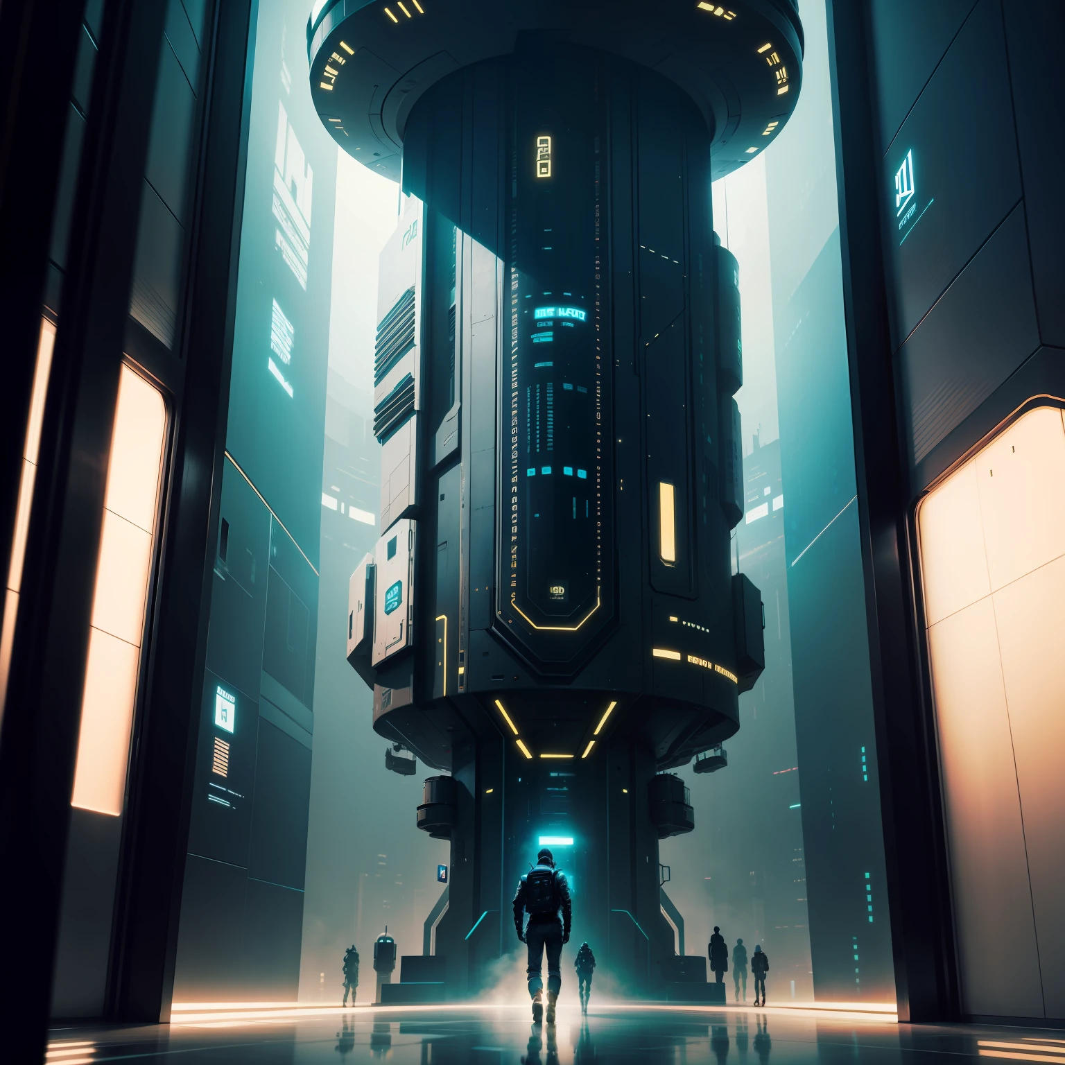 cyber punk style，An elevator to space on the ground is moving upwards，People are working and watching，Large machines are working