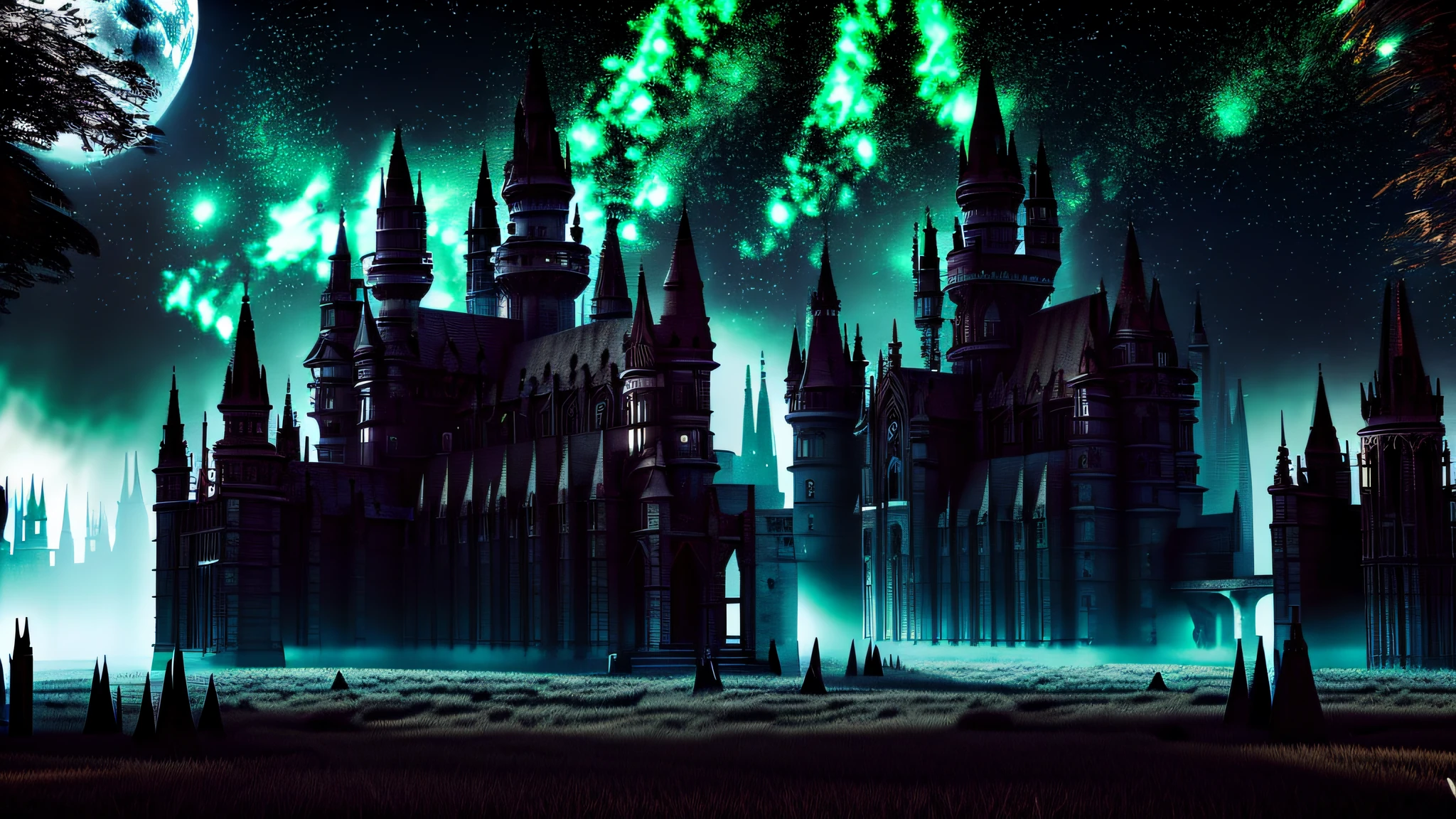 Gothic churches and castles under the stars, themoon,Black night,Dark Gothic scene, Gothic castle background, Great dark Gothic castle,There was no one in the clearing,Only a few crows flew by,((((quality:Best quality, Masterpiece))),galactic temple, eerie highly detailed, scary gothic architecture, Cyberpunk Church, Dark fantasy setting, gothic cathedral,,Damaged Gothic cathedral, Forrest's huge cathedral,8K,Wallpapers,真实感