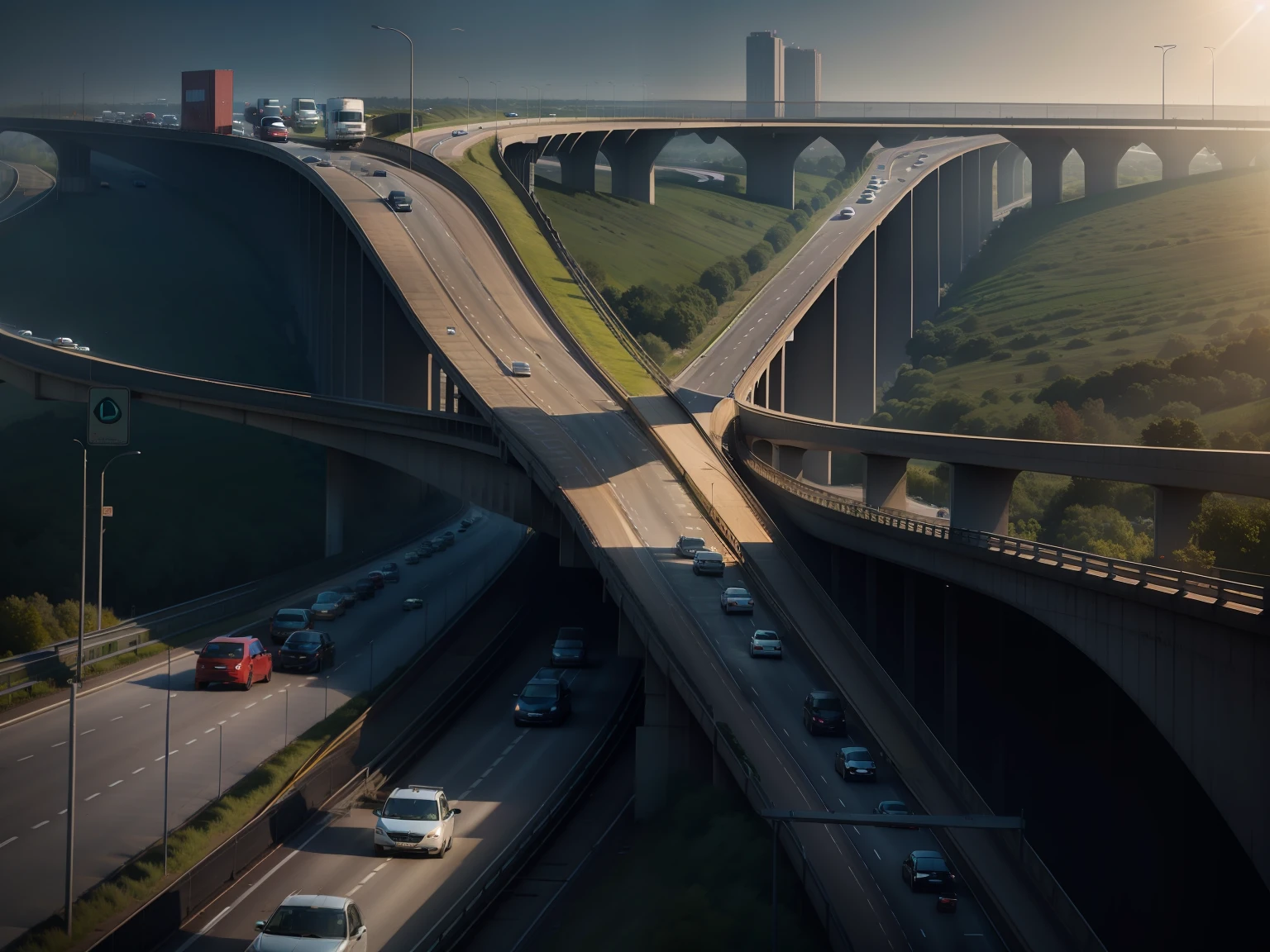roads interception on a highway with cars, day areal shot