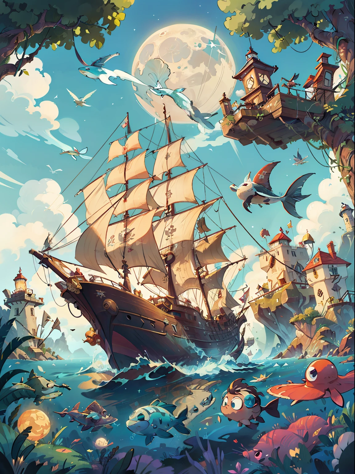 Atomic - age surrealism, translucent organisms, Floating translucent pirate ship,lighthouse,stars,themoon,Compass,Flying fish,star ocean,whales,compass,stars,colorful void, Organic form, Richard Powers, author:James Rizzie --AR 2:3, kamina shades, hime-cut, Pop art, Award-Awarded, Masterpiece, Award-Awarded