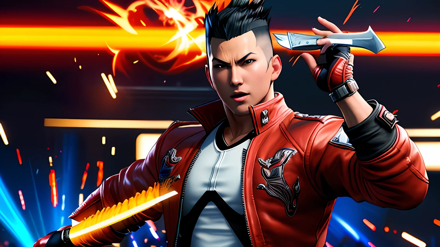 There is a man in a mohawk and a jacket on top of a knife, as a character in tekken, dead or alive 6, King of Fighters character, tekken 7, fighting game character, king of fighters style, tsurumaki kazuya, of virtua figther, Shinkiro, tekken, capcom official media, fighting game, new character