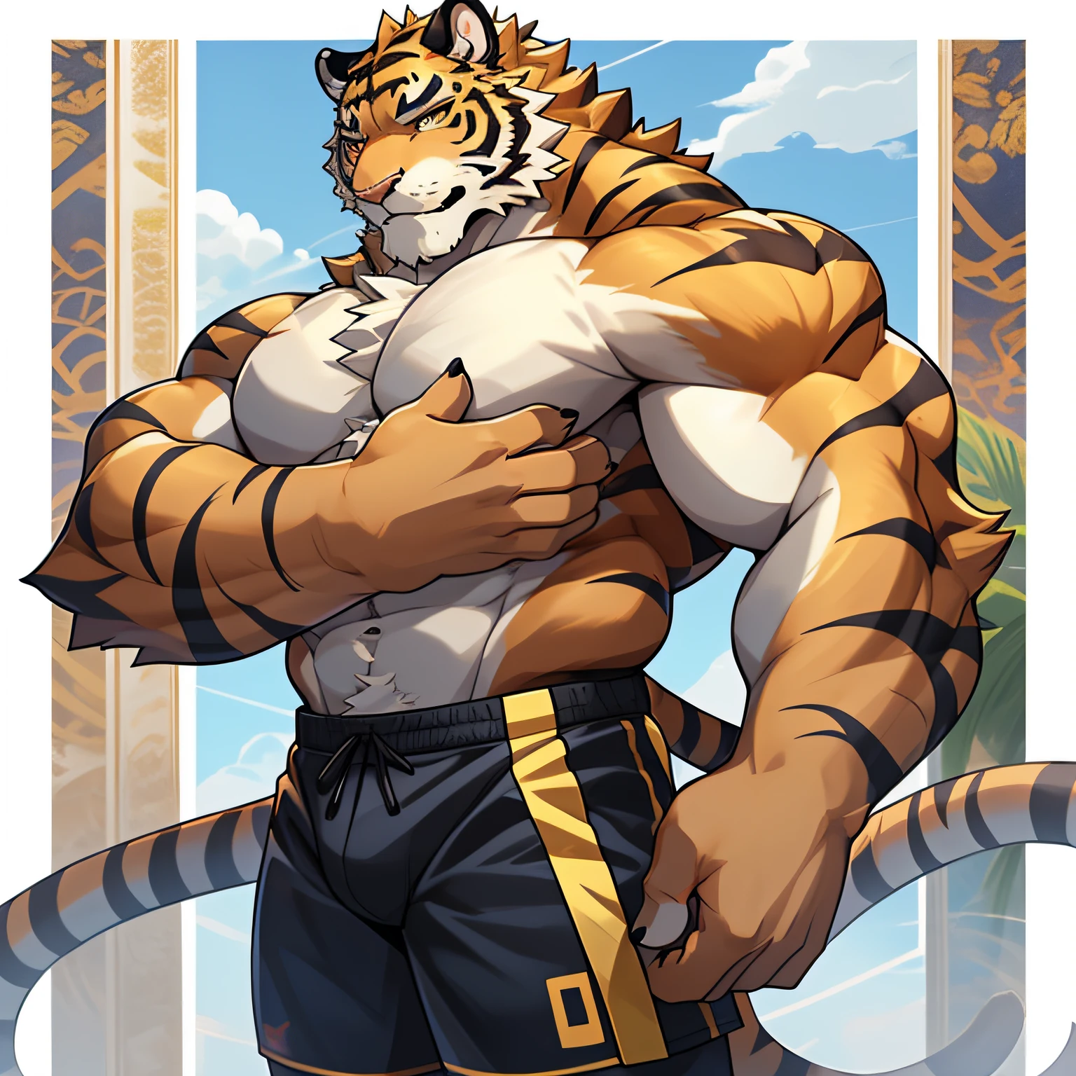 Orange fur，Golden eyes,, Tiger furry, Handsome face，Handsome eyes ，Hairy pectorals， Strong arms，Gorgeous facial features，美丽细致的眼睛，Complex fur，Detailed face，Perfect skin texture， Wide shoulders， large pecs， big bicep， Abs， upper legs，Delicate golden eyes，（simplebackground，white backgrounid：1.3），full bodyesbian，（tmasterpiece：1.2），（best qualtiy：1.3），standing on your feet，Black fitness shorts，Bare upper body，frontage，multiple angle，Painting material