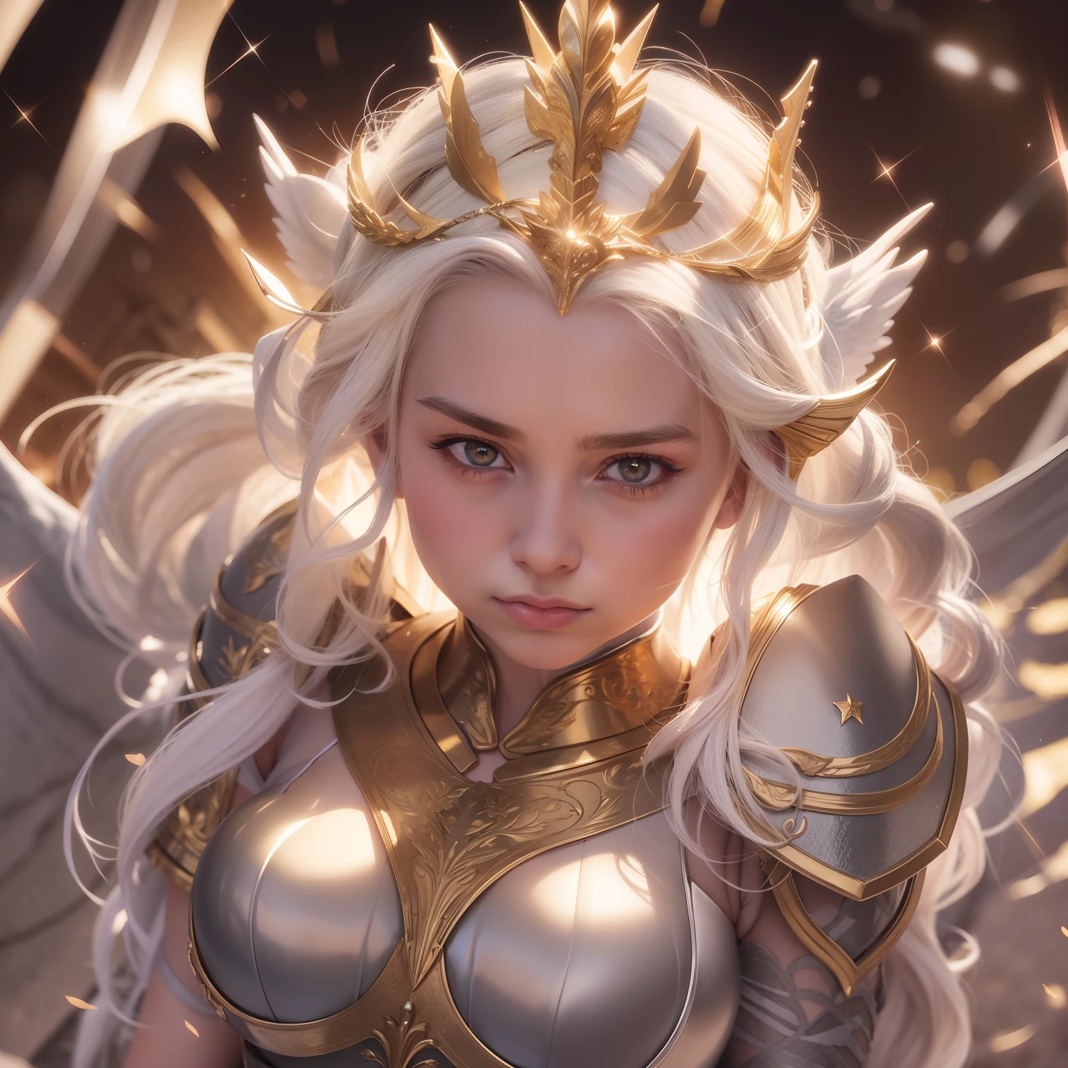 daenerys, mother of dragons, khaleesi, game of thrones, dentes brancos e perfeitos, aura angelical, shiny golden gilding pieces like royalty, raINHA, bela, hair as white as wool, brilhante, vivid, shiny metal armor, sparkle, detalhes felpudos nos ombros, suor no rosto, perfeita como uma elfa, empoderada, confiante, em meio a cinzas, menacing stare, ao fundo labaredas de fogo, epic, medieval 8k,4k, hd