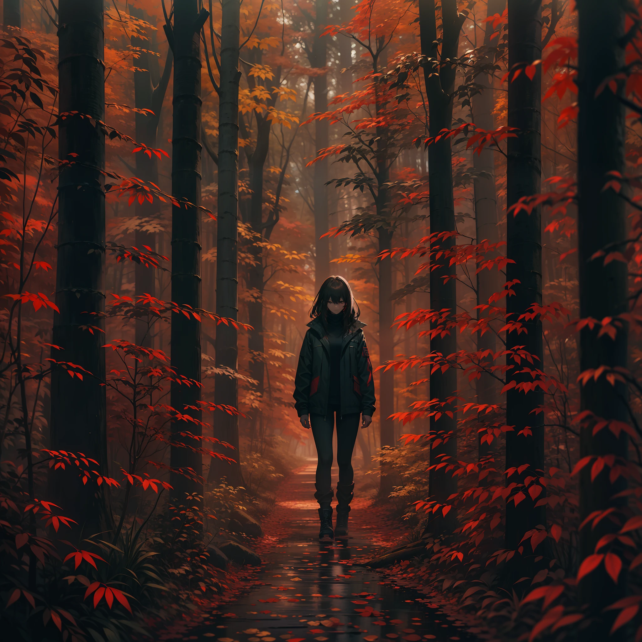 A young woman stands in a dark forest, surrounded by tall trees with red leaves. The person’s face is hidden by a blur, as if to protect their identity. They wear a black jacket and have dark hair that reaches their shoulders. The forest is dimly lit, creating a contrast between the red and black colors. The image evokes a sense of mystery and danger.