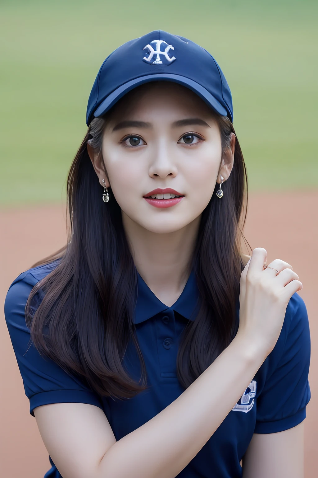 One girl、top-quality、masterpiece、超A high resolution、(Photorealsitic:1.4)、There is a woman wearing a baseball cap、wearing a dark blue polo shirt、baseball field