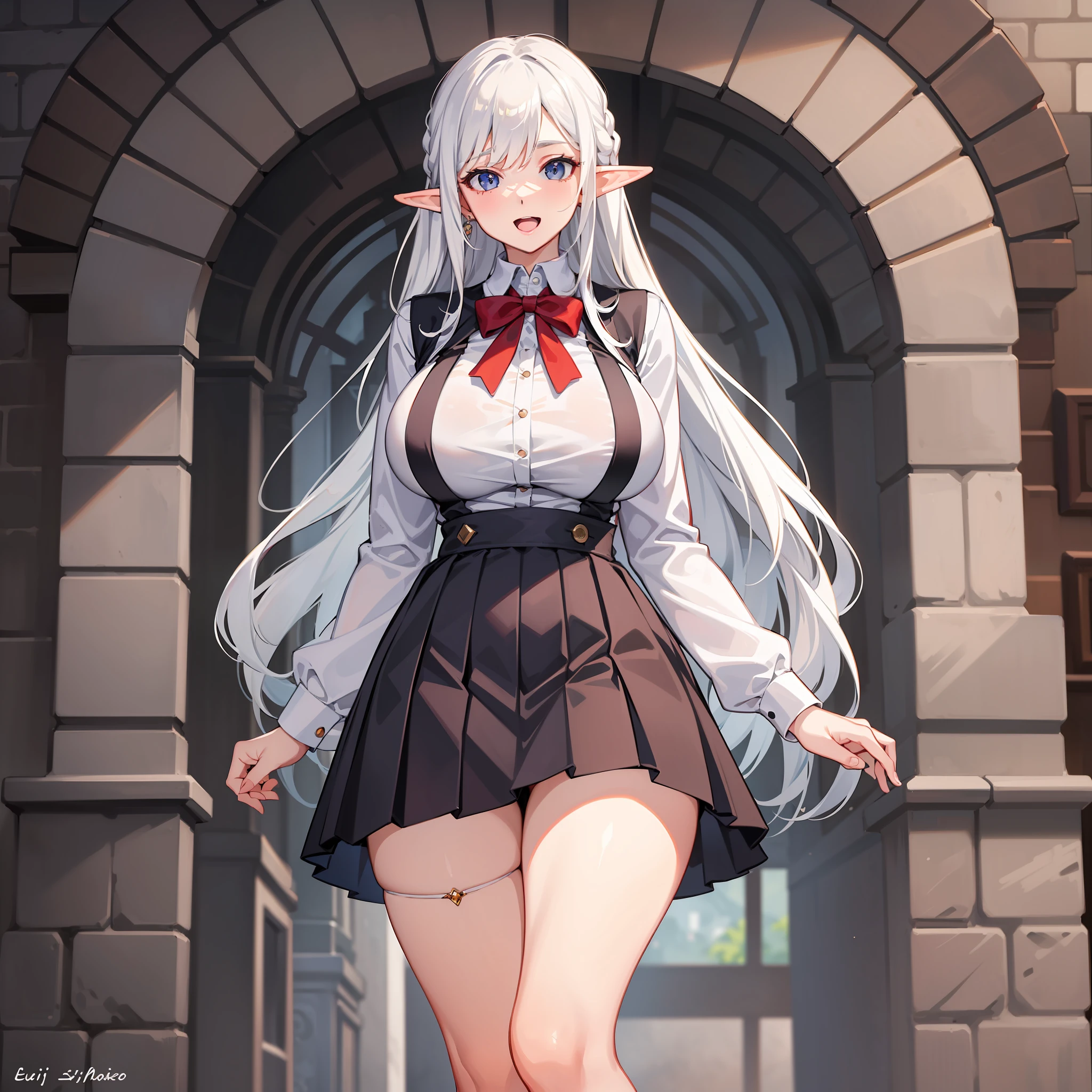 masterpiece, best quality, finely detailed, high resolution, extremely delicate and beautiful, 1girl, huge breasts, thickthighs, white hair, long hair, hair behind ear, school uniform, full body, elf, :d, skirt