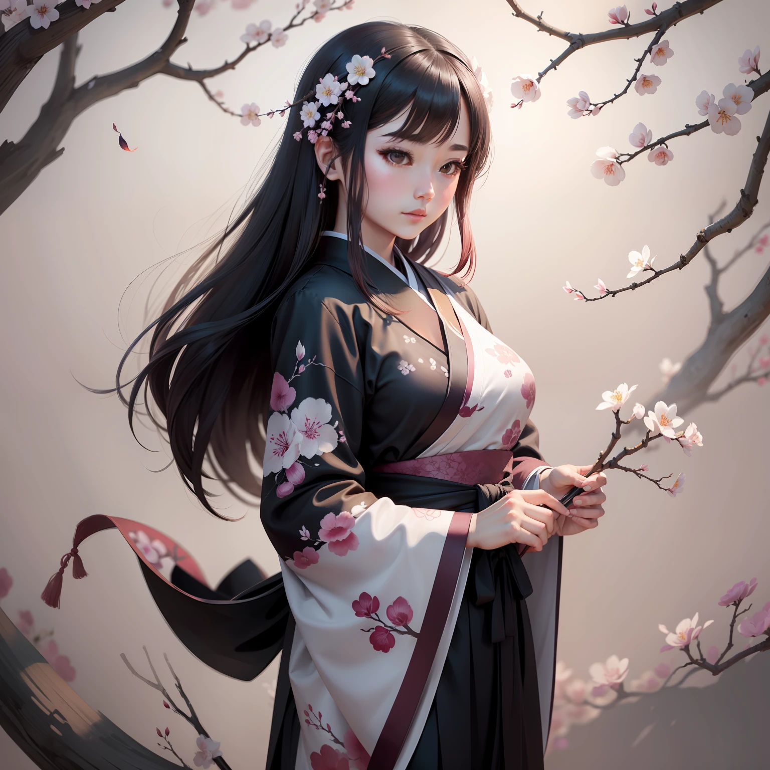 Ink painting style，hanfugirl，Feminine and moving，Plum blossoms in hand，HD delicate。