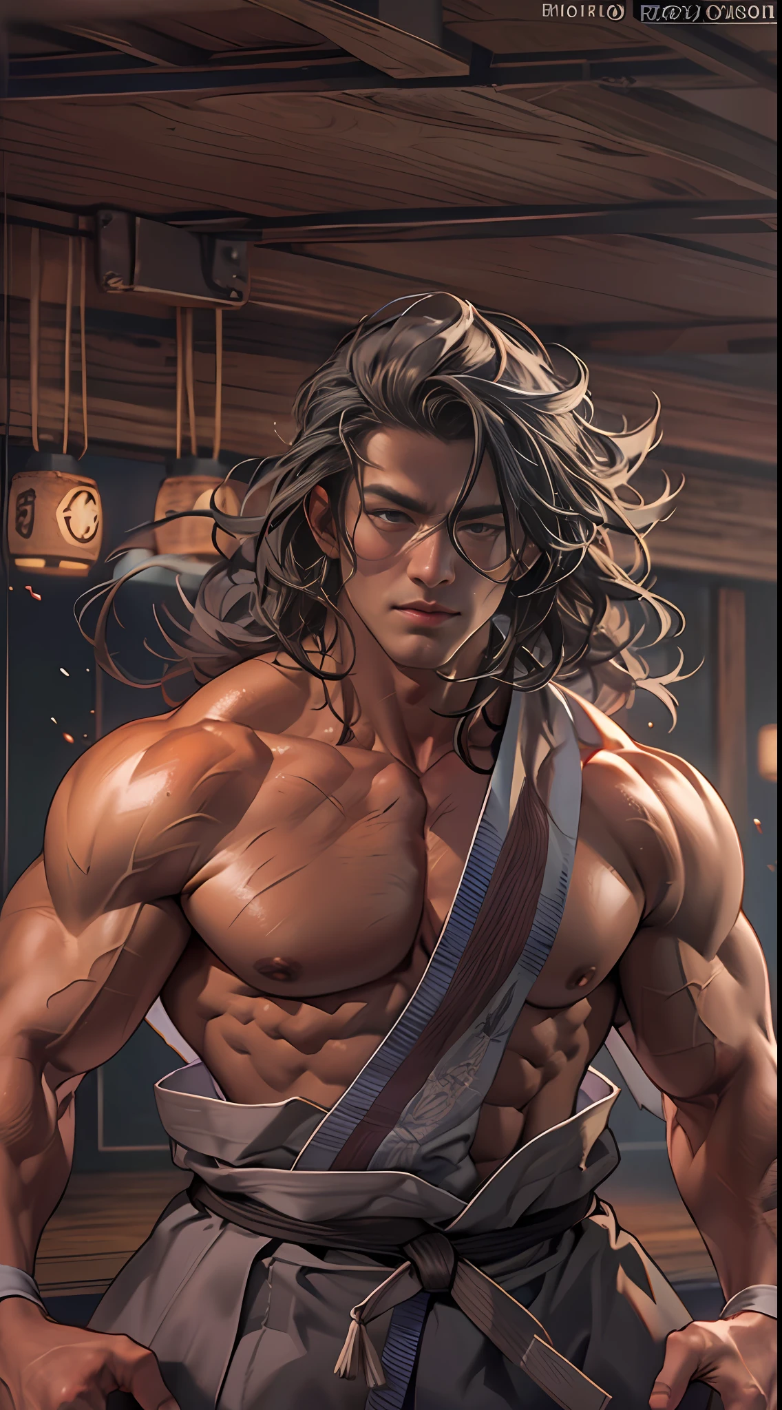 Mighty fighter, chest exposed, lower body unclothed from thighs to feet, flowing long curls, detailed muscular physique, photorealistic depiction, 4K resolution. Background: Martial arts dojo,32k uhd, best quality, masterpiece, super detail, high details