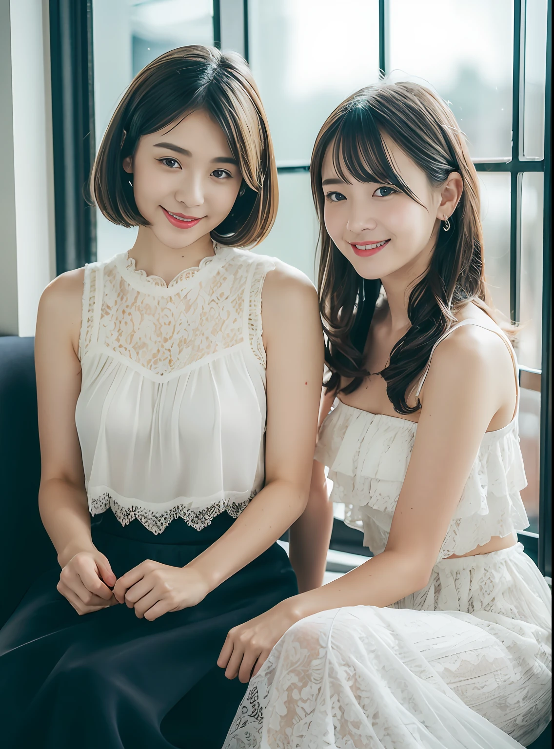 (8K、top-quality、masterpiece:1.2)、(realisitic、Photorealsitic:1.37)、ultra-detailliert、 1 人、cute little、独奏、Beautiful detailed sky、Detailed Cafe、natta、sitting on、date、(Nasal blush)、 (A smile:1.15)、(a closed mouth)small tits、Fine and beautiful eyes、(A dark-haired:1.1)、natta、Wet、Transaction service、Sateen、White lace、(A dark-haired、short-hair:1.2)、Float NovaFrogStyle、toppless、White Ruffled Chiffon Sleeveless Top, White Tulle Maxi Skirt Dress, Mermaid Line, wicker basket bag.