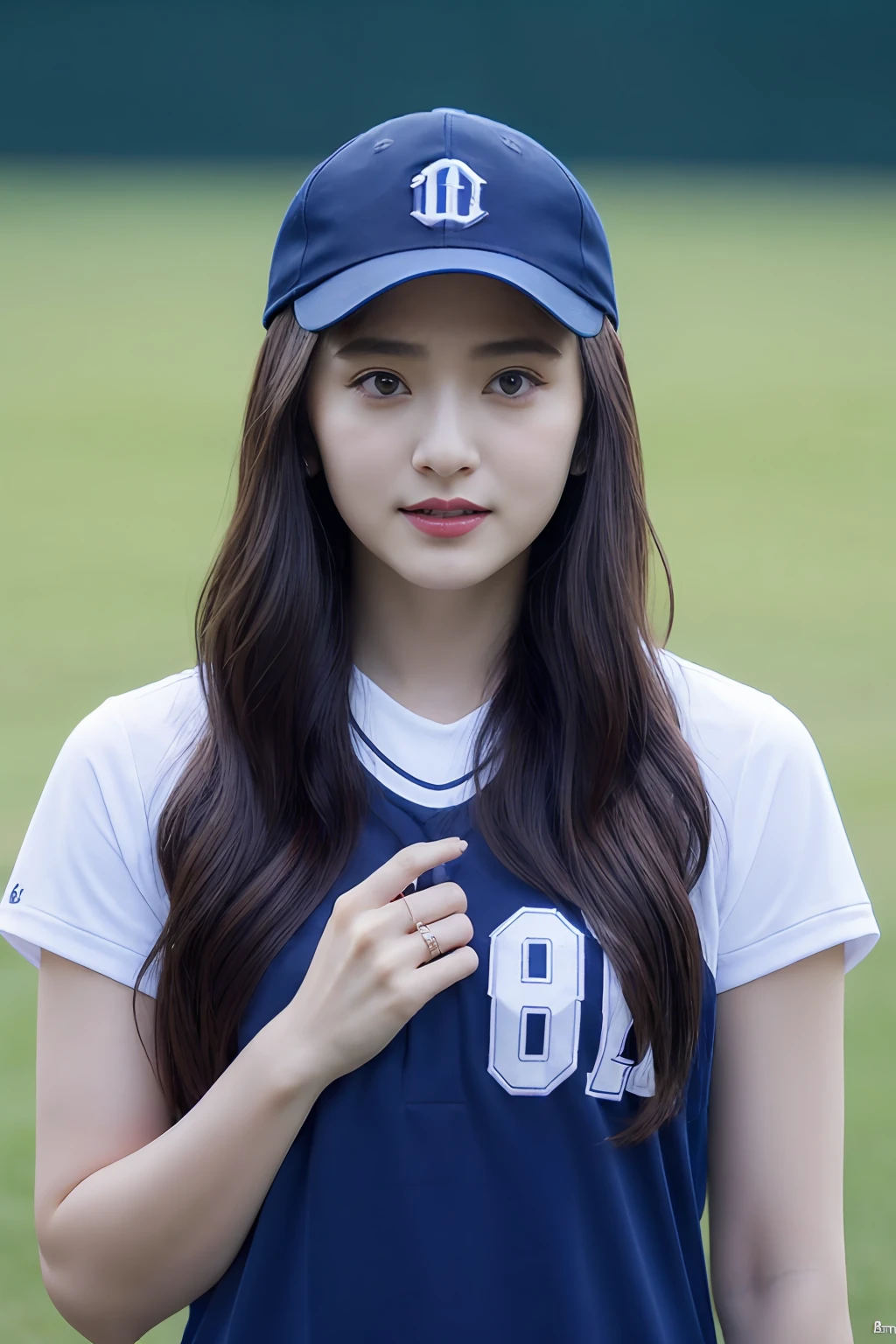 One girl、top-quality、​masterpiece、超A high resolution、(Photorealsitic:1.4)、There is a woman wearing a baseball cap、wearing a dark blue polo shirt、baseball field