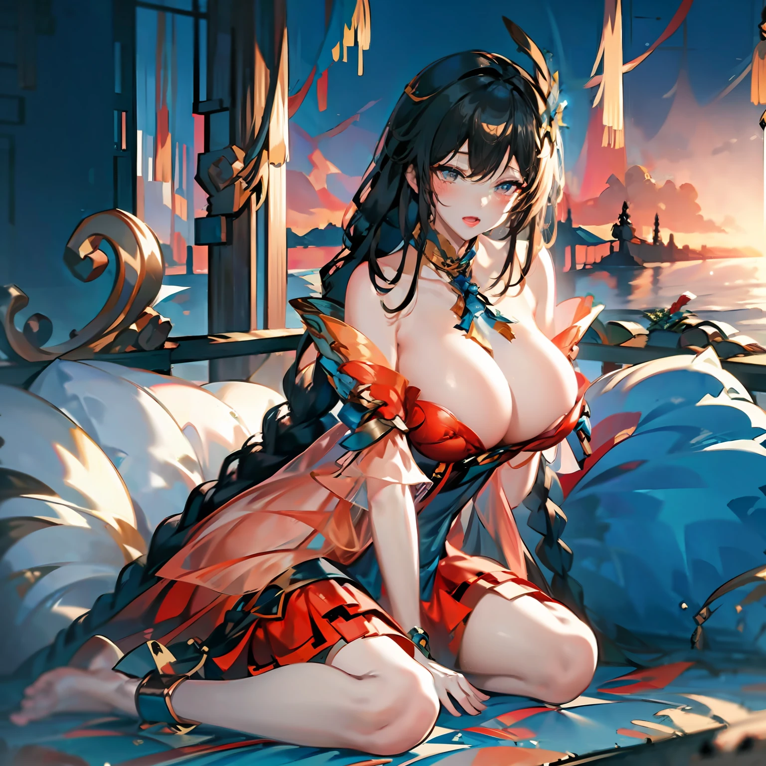 Realistic eyes, detailed shadow, view the viewer, Detailed lighting,(detailed hairs, photo-realistic hair, Realistic lighting, realistic shaded, realistic dress), Realistic skin, (Waist gun:1), Realistic reflection of light from above,((arms back behind)),(with hands behind her back),tube top,Sexy,Night,Stockings,Naked,Bigboobs,big breast,Cherry blossoms, White skirt, White Hanfu,Chinese Garden,full bodyesbian,Pink filter element,Blushlush,Pitiful expression