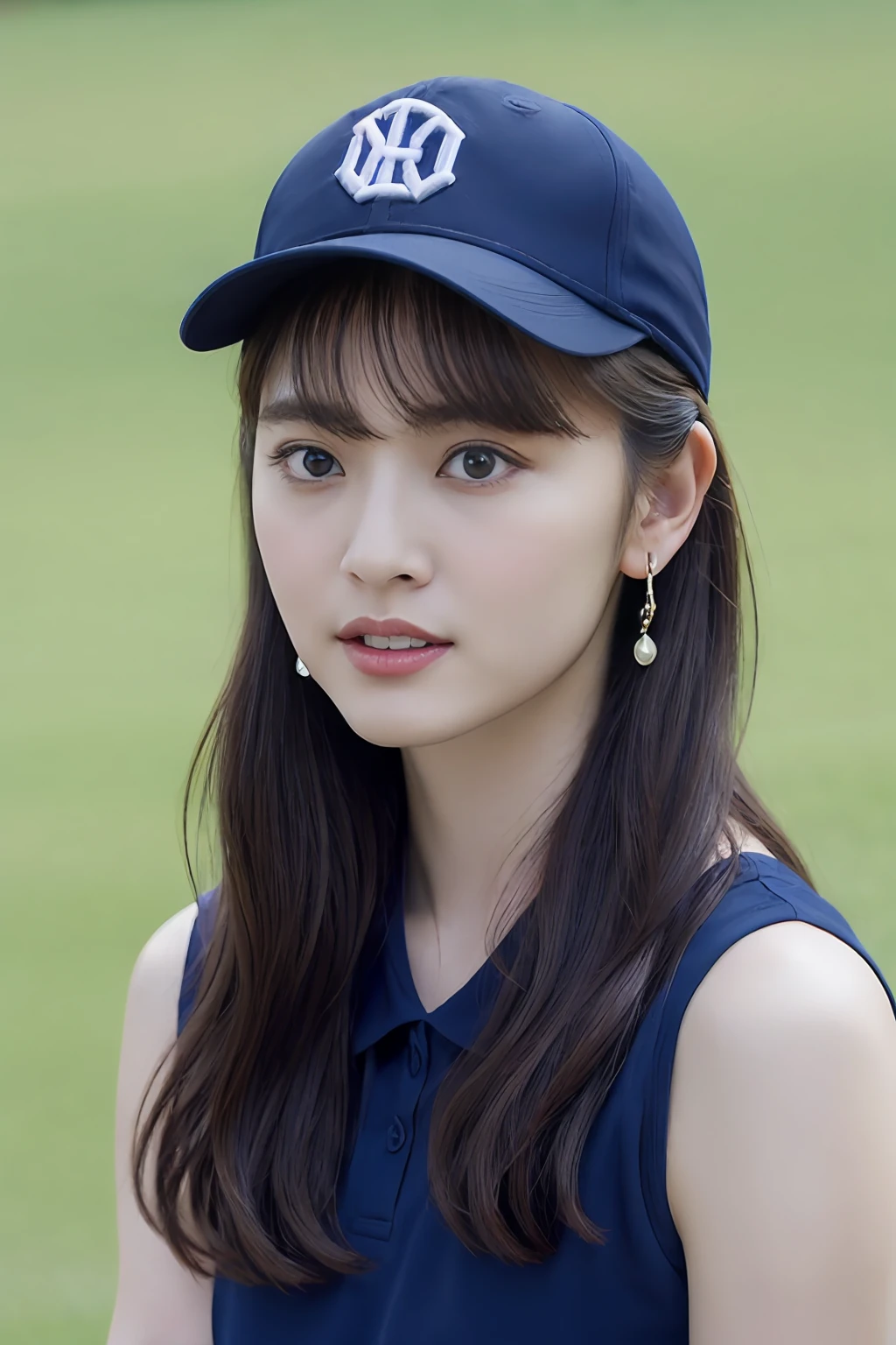 One girl、top-quality、masterpiece、超A high resolution、(Photorealsitic:1.4)、There is a woman wearing a baseball cap、wearing a dark blue polo shirt、baseball field