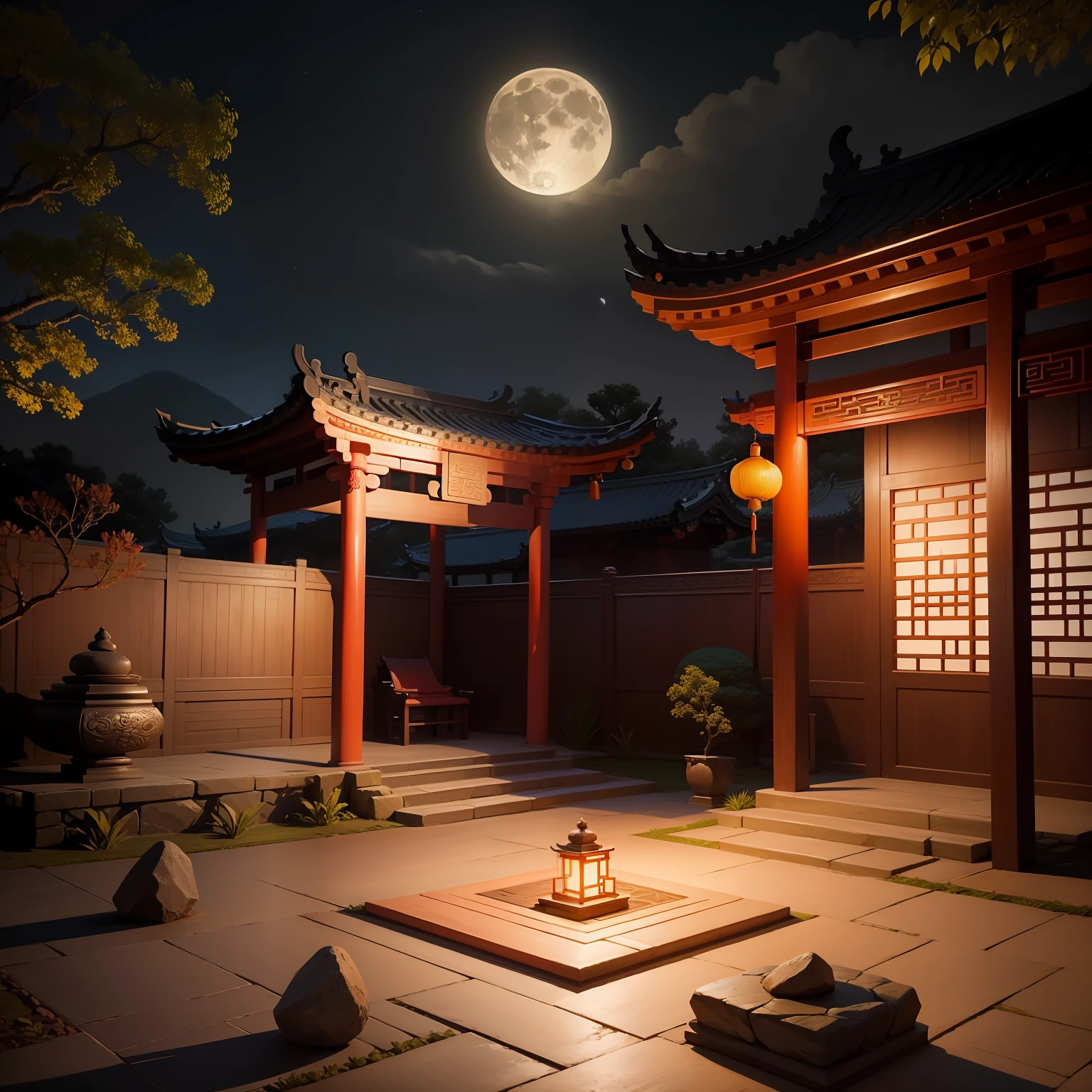 Chinese-style temple，backyard，wall，the night，themoon，Stone table and stone bench